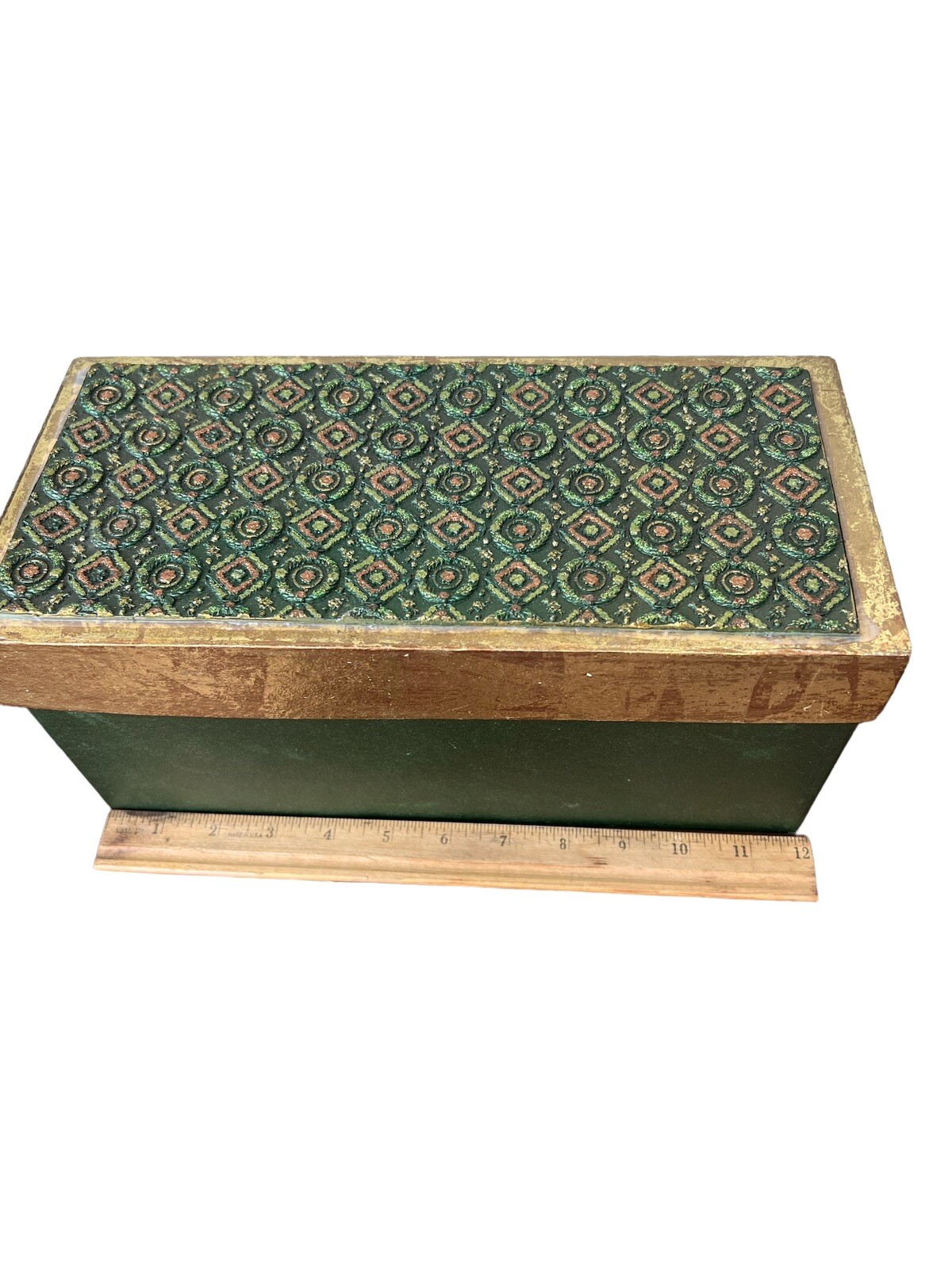 Green Copper Gold Resin Glittered Cone Tree On Base Matching Decorative Box NOS