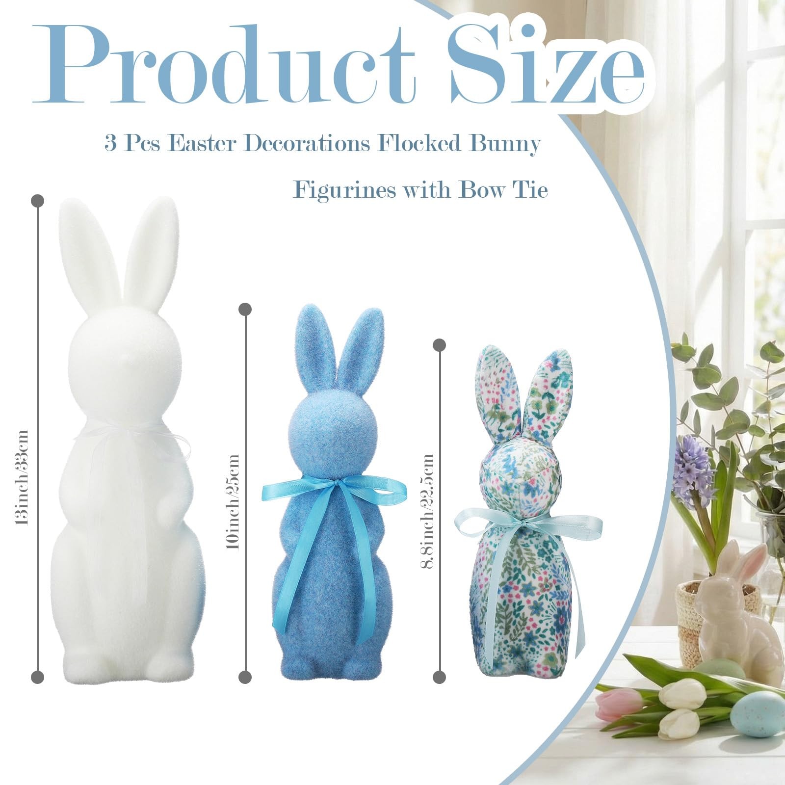Flocked Bunny Easter Decorations 9/10/13 Inch Rabbit Statue Spring Decor 3 PCS