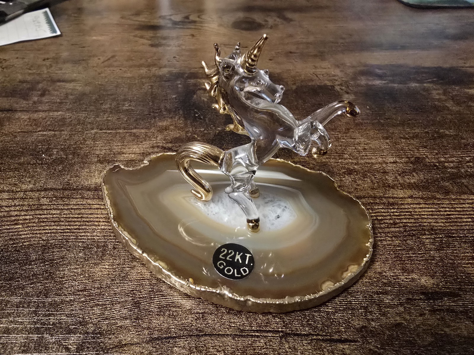 Glass Unicorn 22kt Gold on Brown Agate Stone Slice- Glass Baron