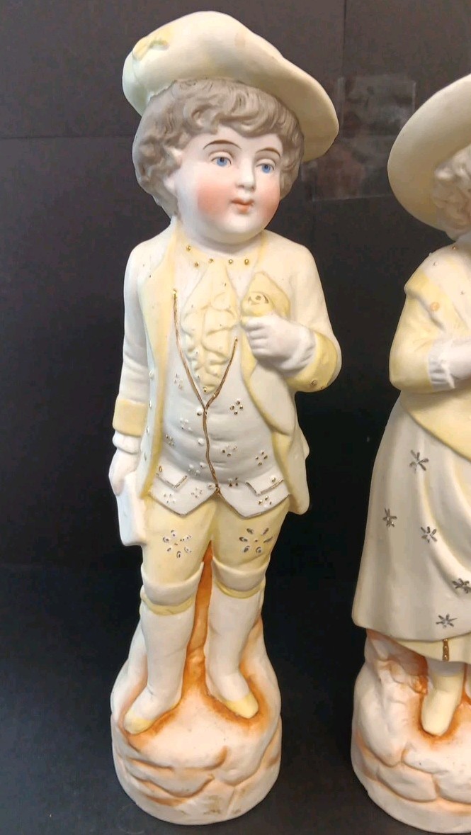 Antique Germany Bisque Porcelain Figurines Yellow 10.5 Inch High