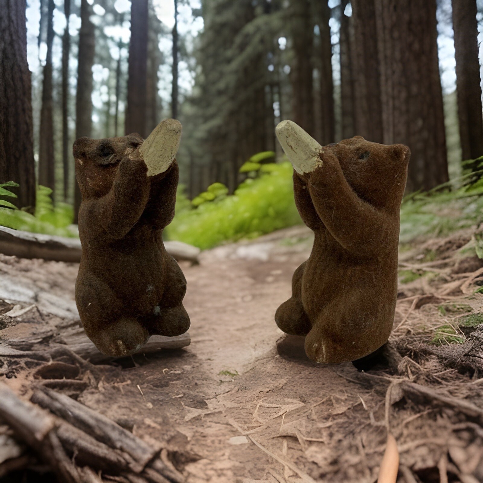 Vintage Flocked Brown Bear Figurine Japan Yosemite Home Decor