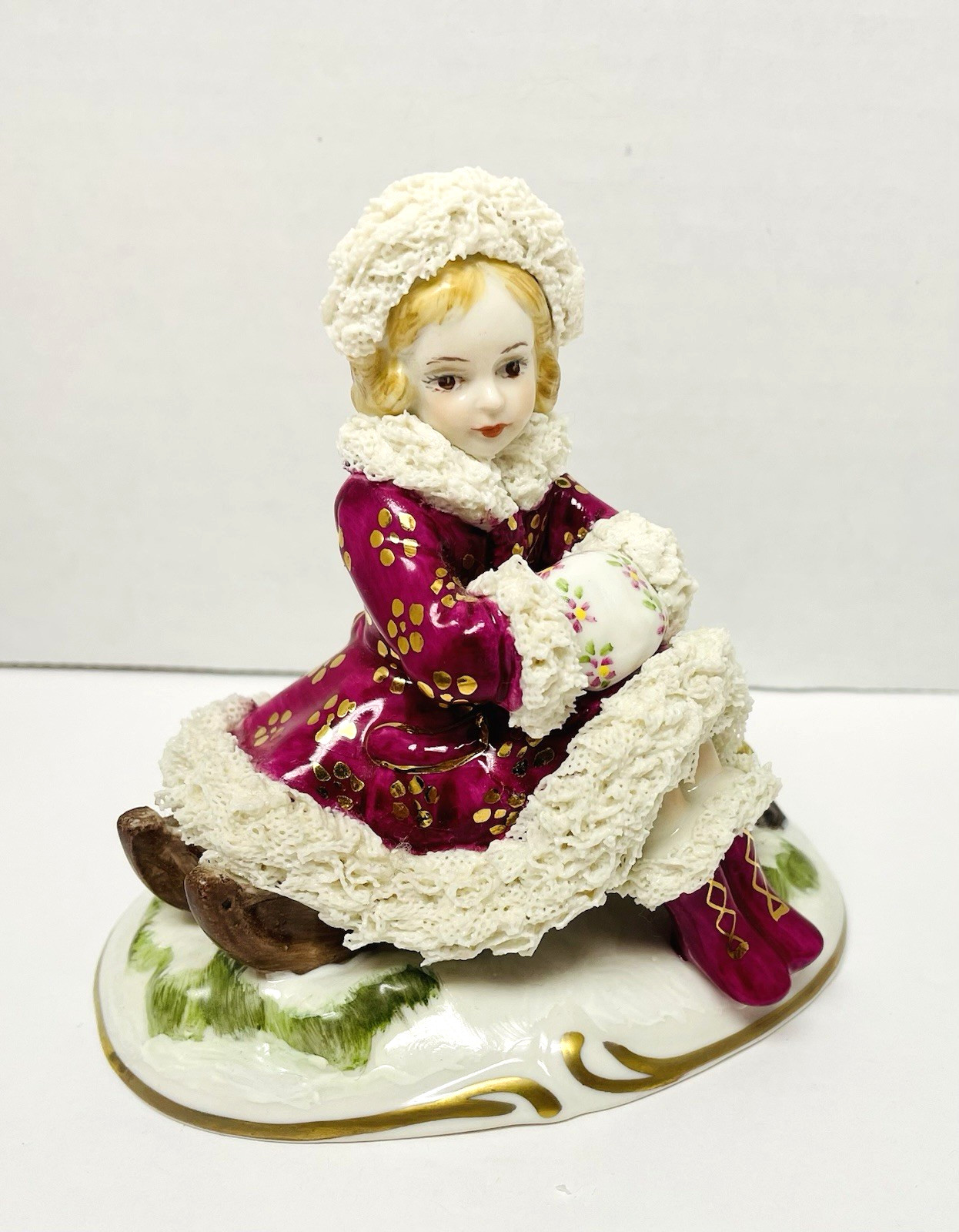 Irish Dresden WINTER IRELAND Handmade Lace Girl Figurine w Bird