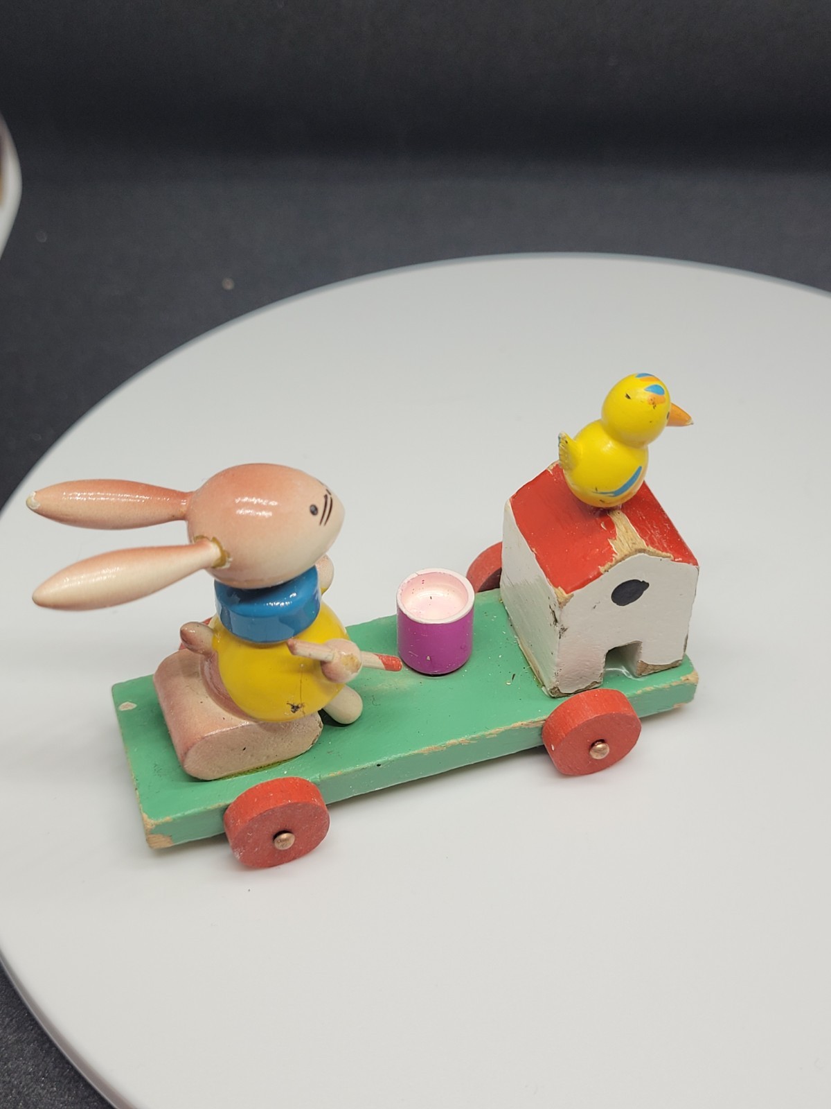 Vtg Goula Spain Wood Easter Figure Bunny Rabbit Paints Egg on Wheels Push Toy