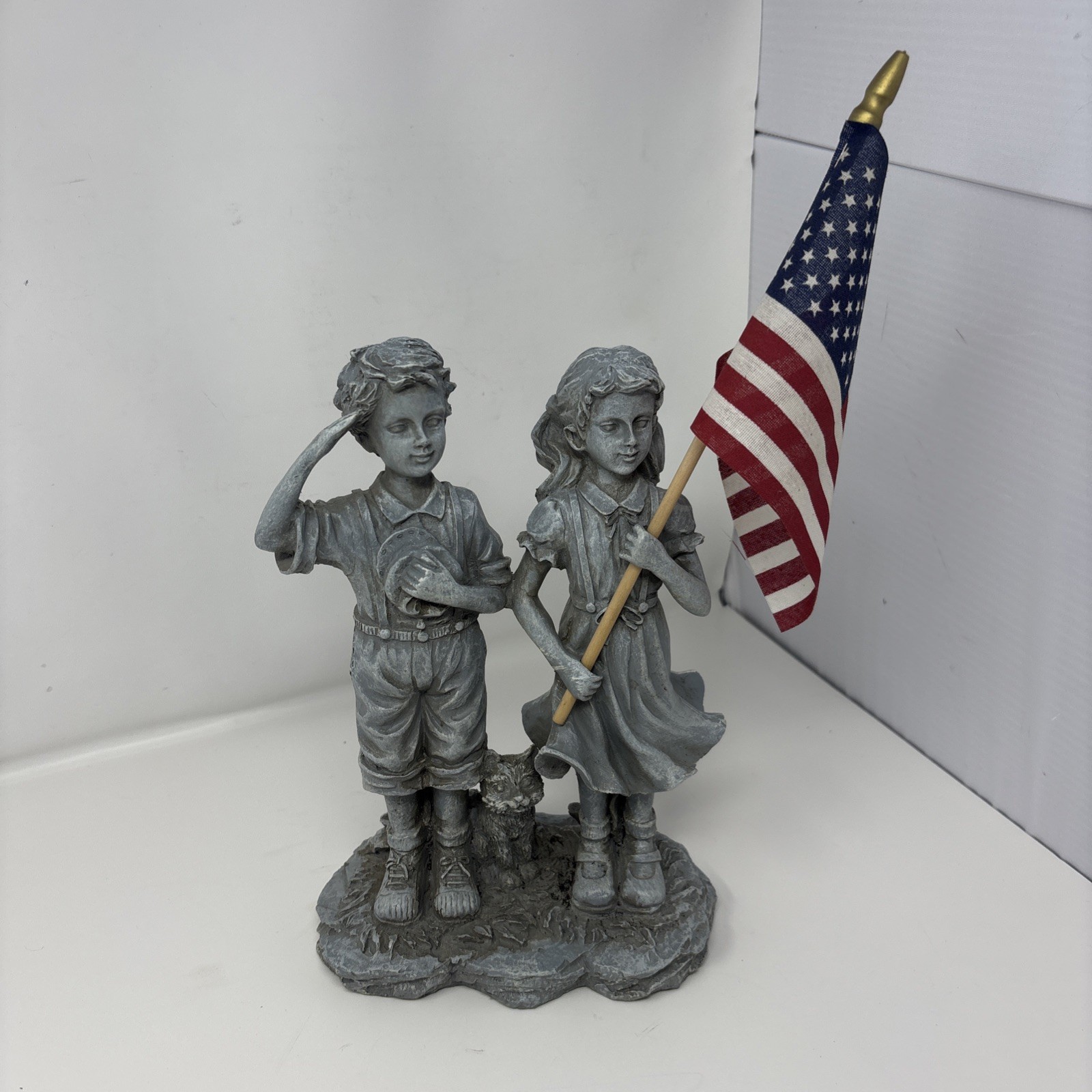 Collections Etc Patriotic Children Garden Statue Boy Girl Saluting with US Flag