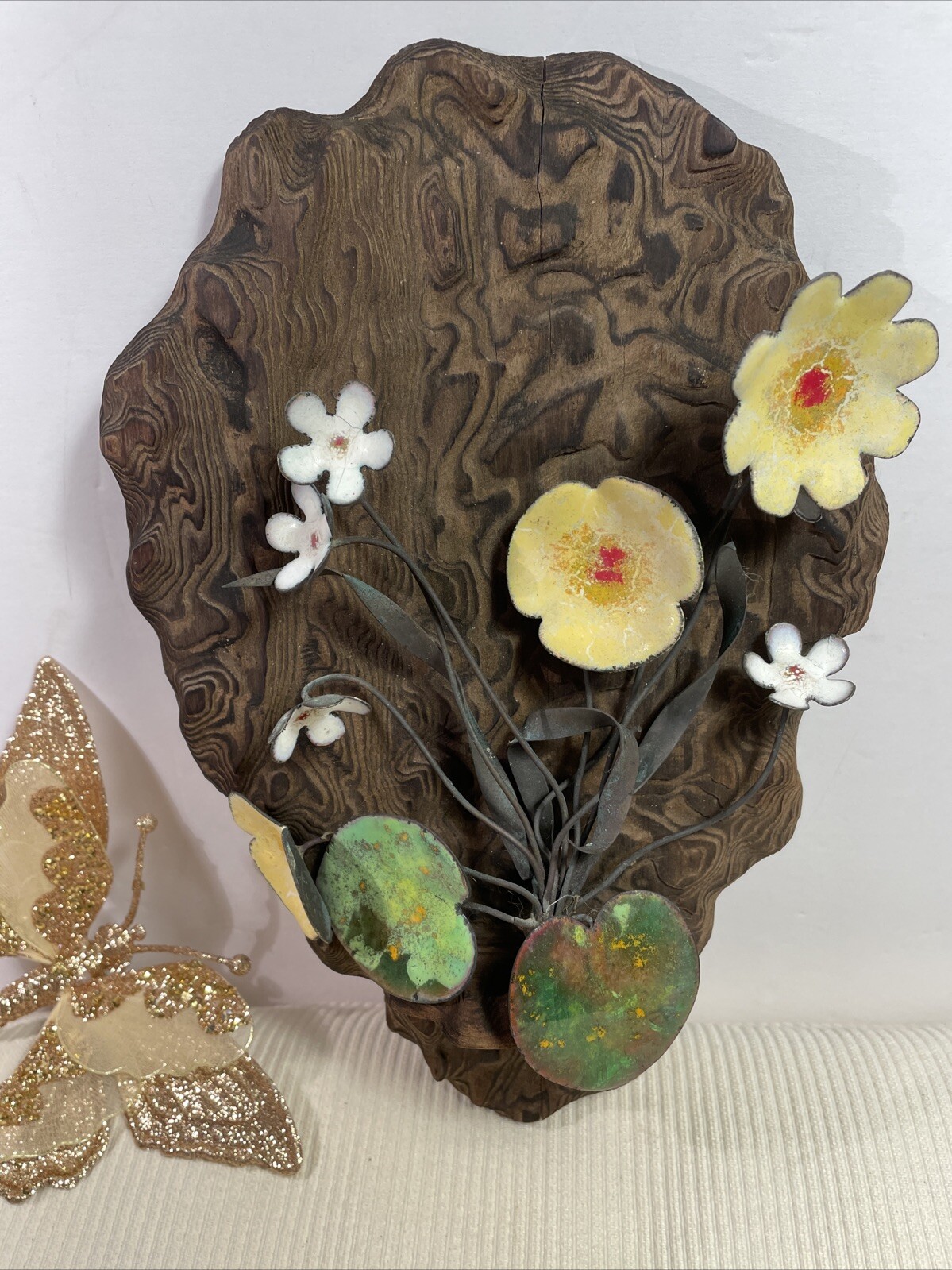 Vintage Mid Century Wood Wall Sculpture Enamel Copper Creations Lee Murrell RARE