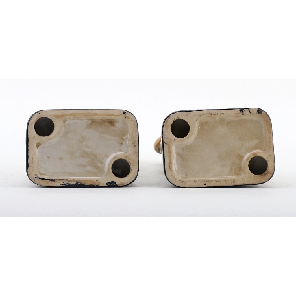 Pair Of Porcelain Ivory White Dogs. Black Bases. Hand Painted (8”H, Each)
