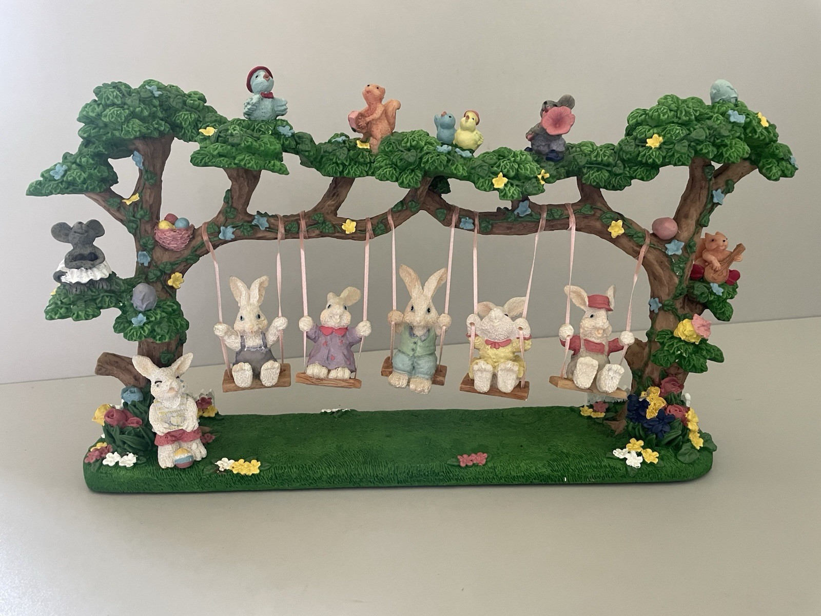 Easter Decor – Bunnies Playing on the Swing w/ Tree Polyresin (15″ L)