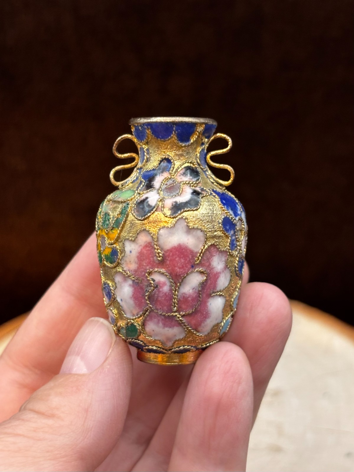 Vintage Miniature Cloisonné Enamel Bud Vase Small Cloisonne Vase 2″ Blue Pink