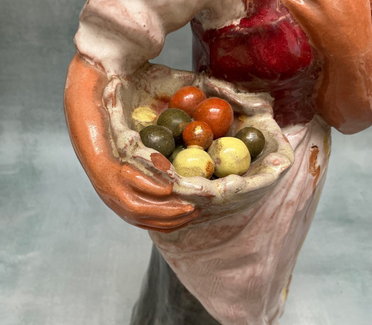 Keramik Austria Hand Painted Woman WIth Fruit Basket Sculpture Figurine 13 1/2”