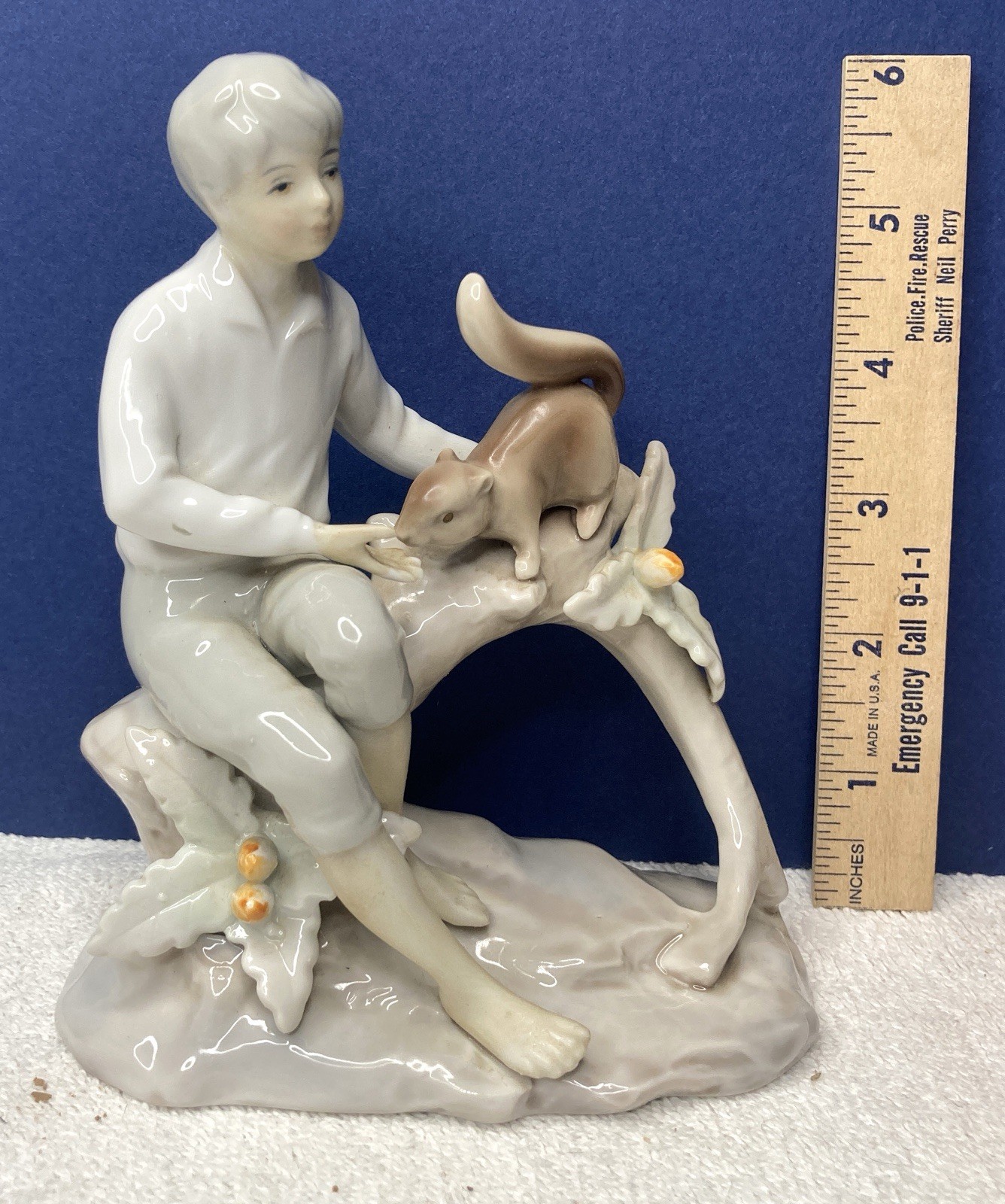 Vtg Sanmyro Japan Lladro Style 6” Tall Porcelain Sitting Boy Feeding Squirrel