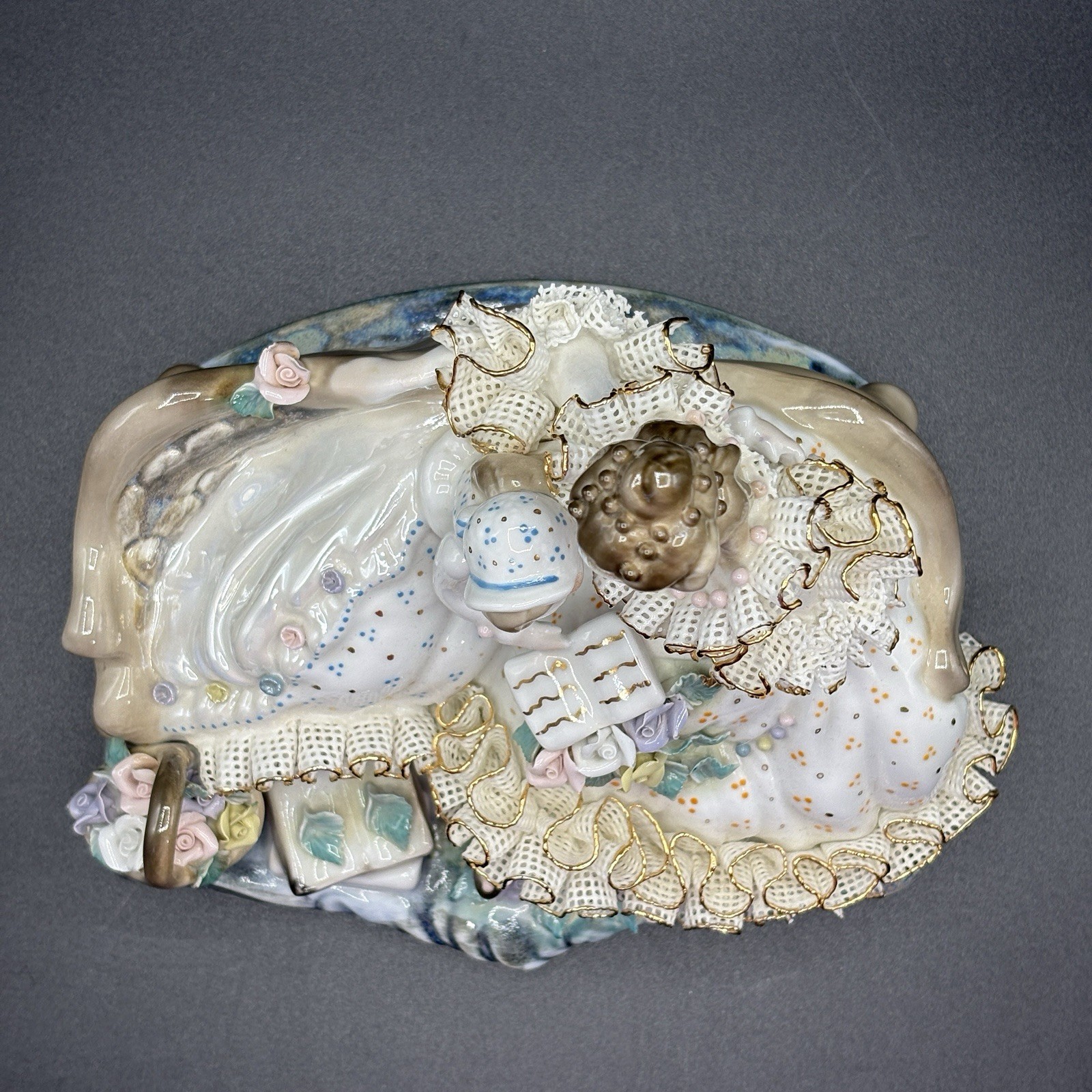 Vintage Alba Iulia Romanian Porcelain Lace Figurine Mother Child Reading (C)