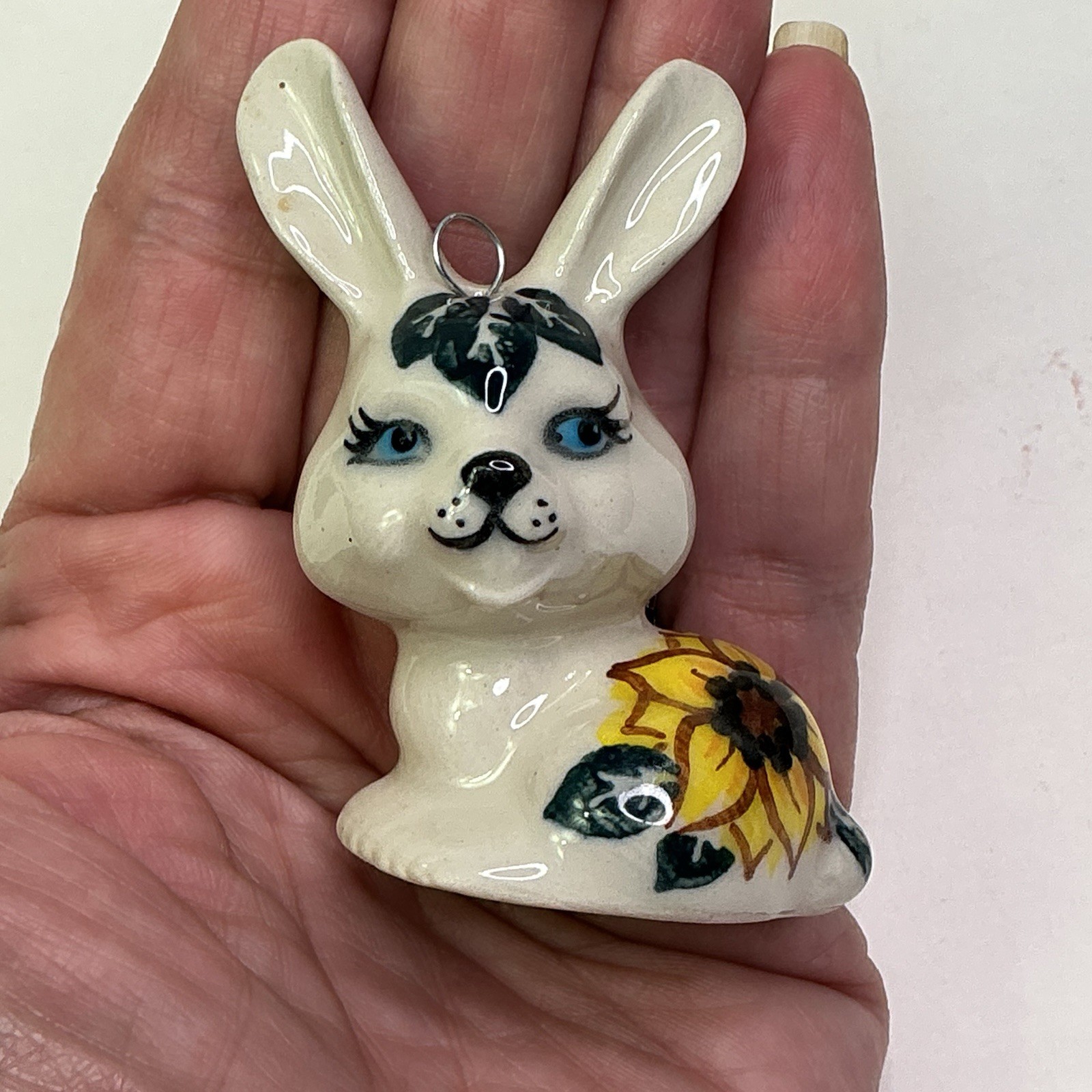 Cute 2.5” Folk Art Bunny Figurine Ornament Handpainted Sunflower Signed 2021