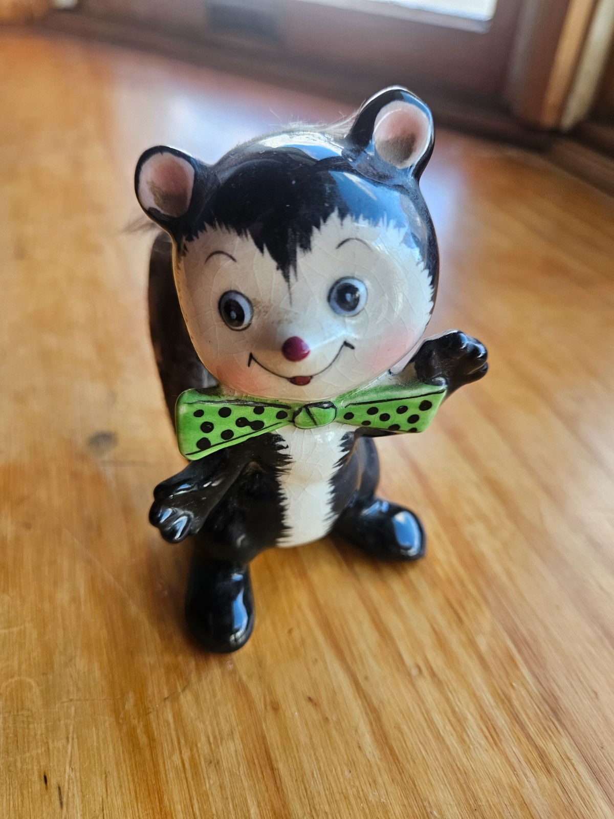 Vintage Ucagco Japan Ceramic Skunk Figurine Polka Dot Green Bow Tie & Cap