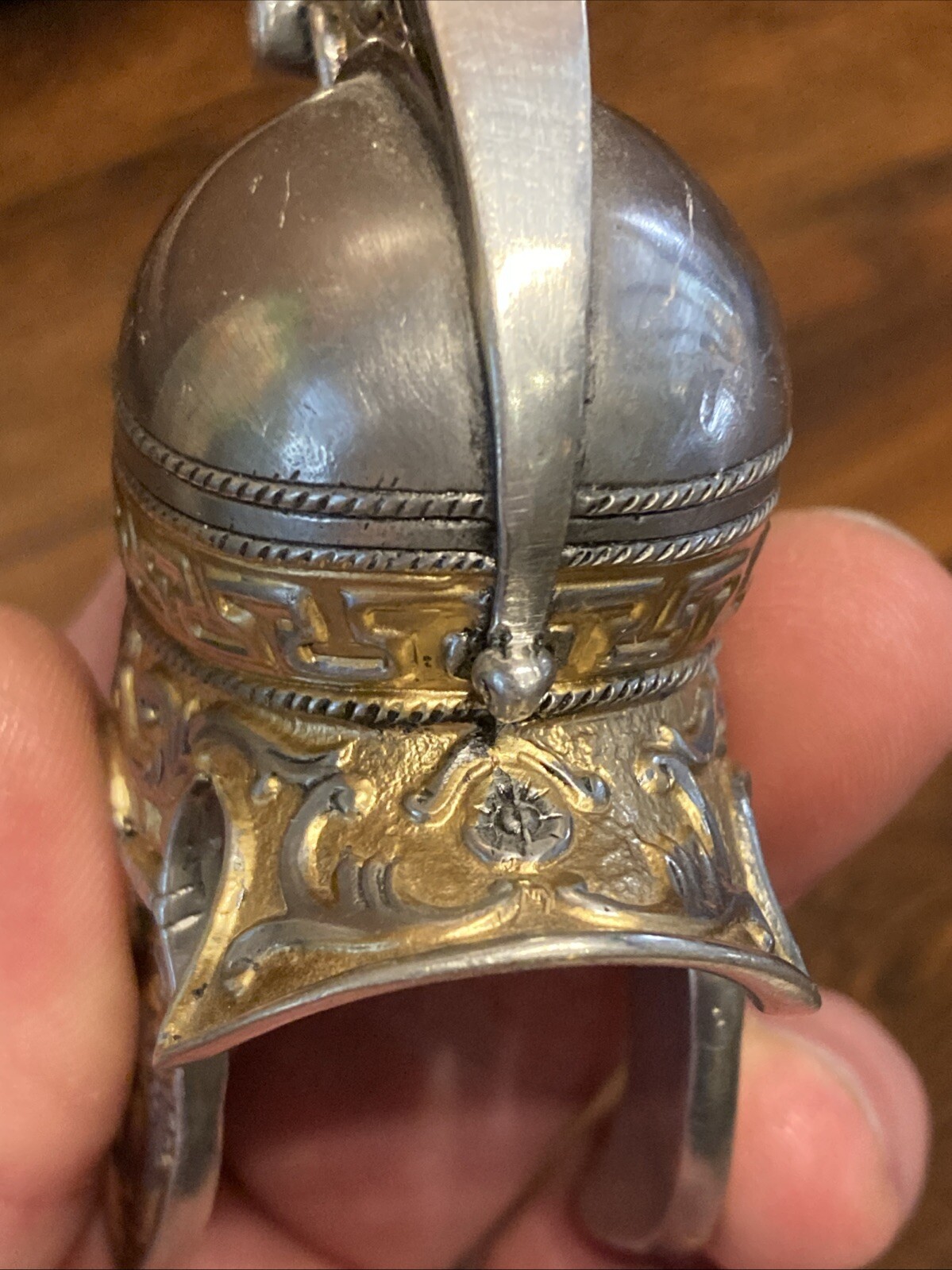 Vintage Miniature Greek Roman Helmet Silver Gold Ornate
