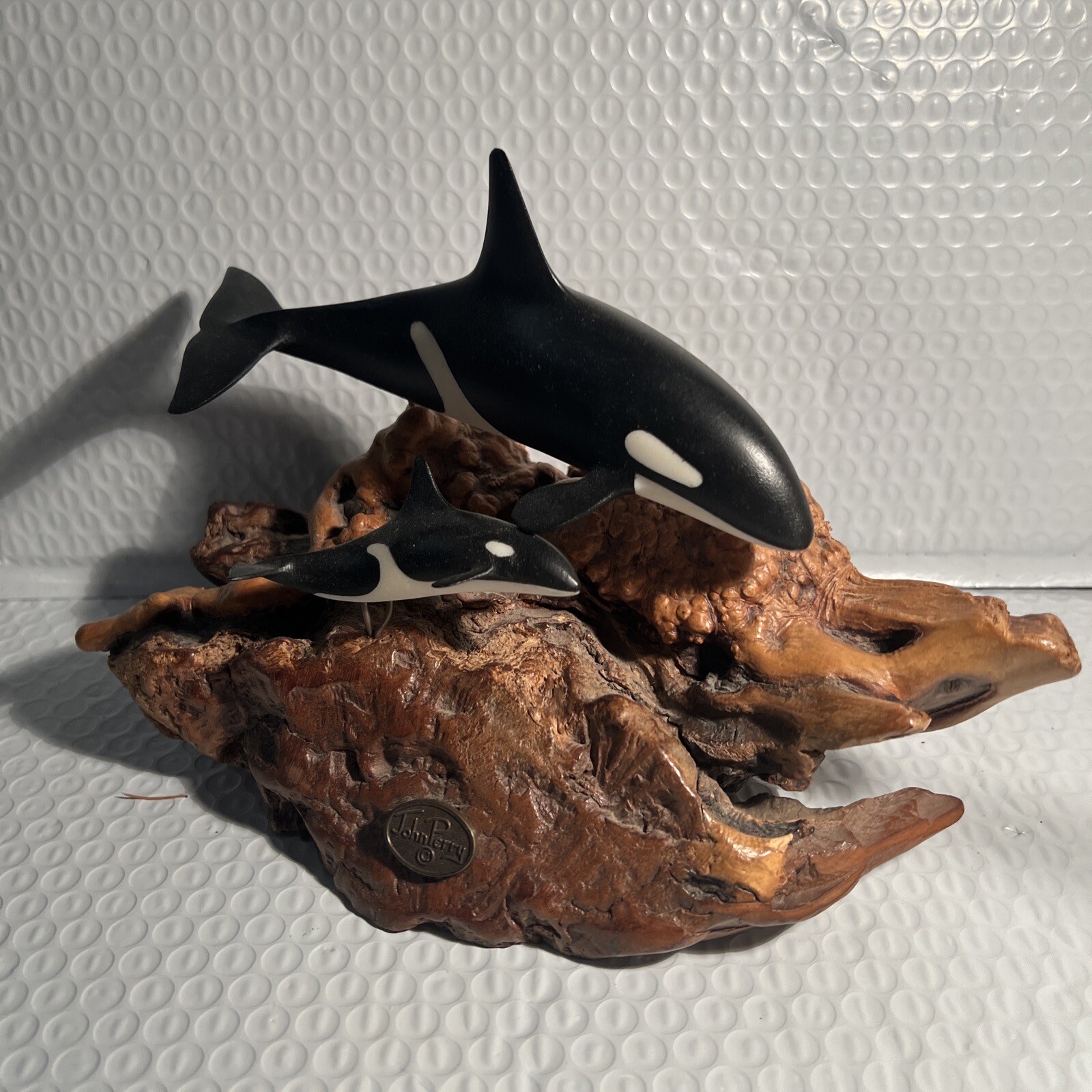 Nautical Ocean John Perry Orca Whales Burlwood Sculpture Figurine Statue 7 inch