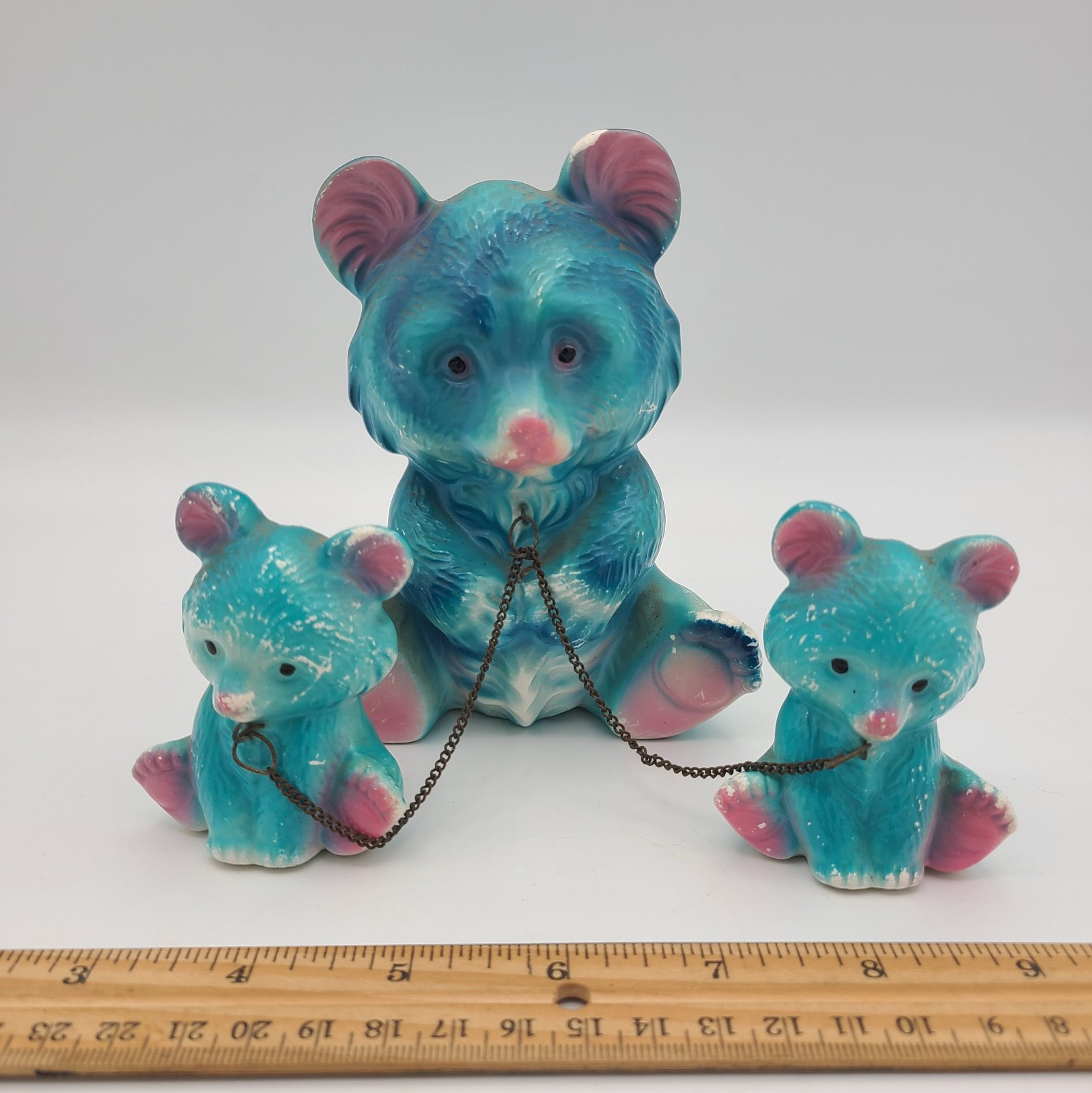 Vintage Blue Ceramic Bear Chained to Babies Kitschy MCM Cartoon Japan