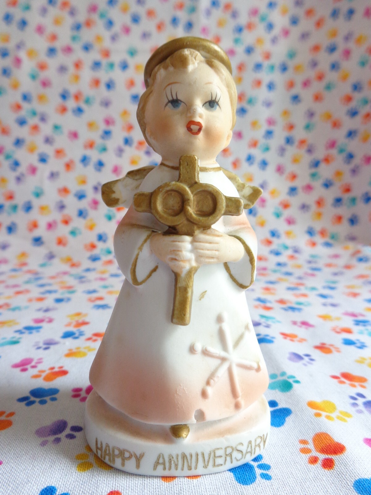 VTG Angel Figurine HAPPY ANNIVERSARY Sanmyro Japan Bisque Porcelain Retro READ
