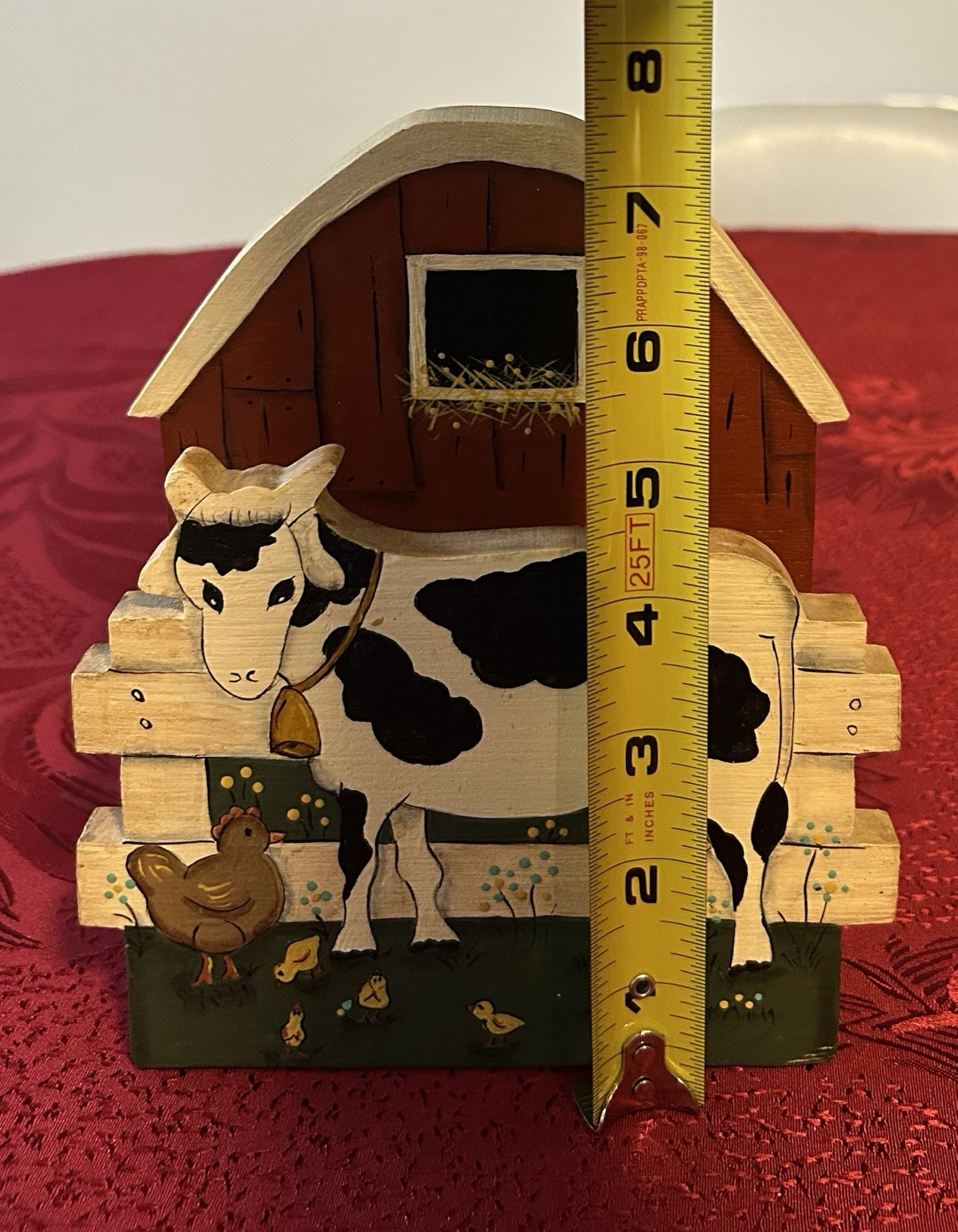Folk Art Napkin Holder, Black & White Cow, Wood Barn, 5-1/2 in. wide