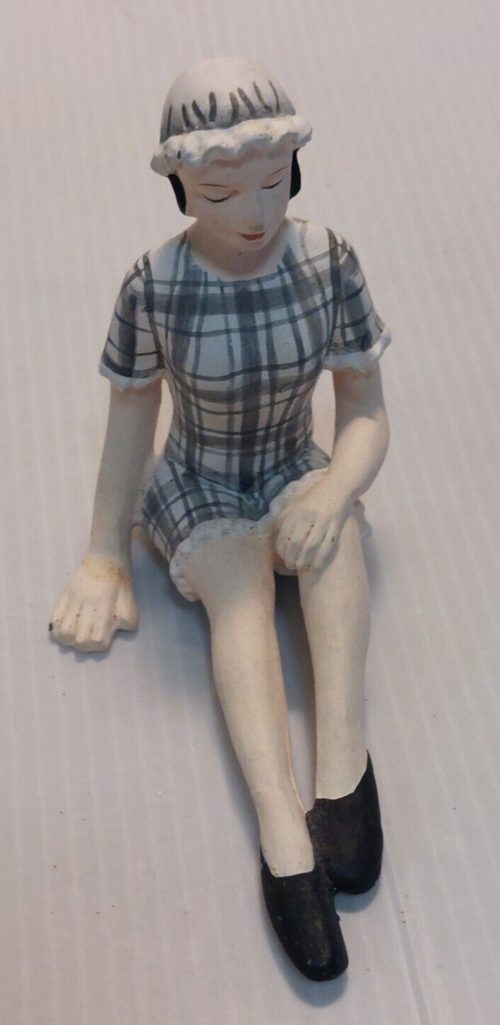 Bathing Beauty Shelf Sitter Figurine Retro 1920’s Black Plaid Suit & Hat w/Flaw