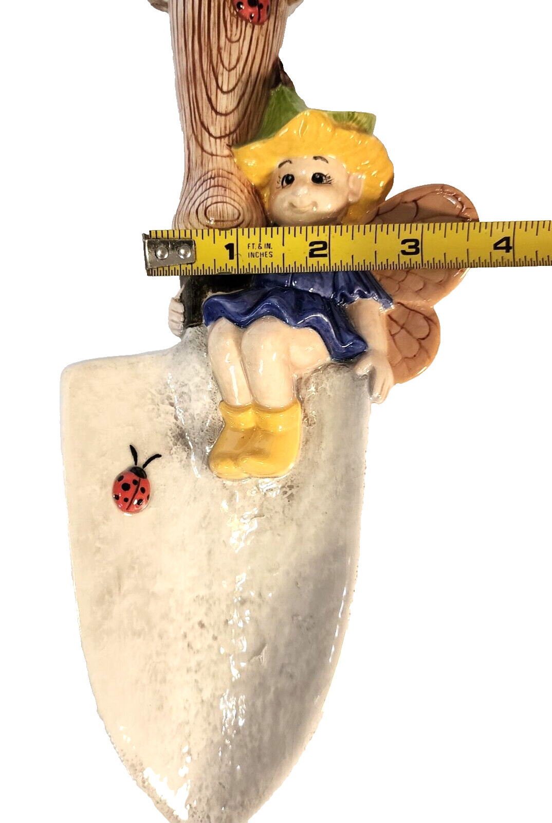 Vtg-Ceramic-Hanging-Garden Pixie-Sitting on top of aTrowel with Lady Bugs-Signed