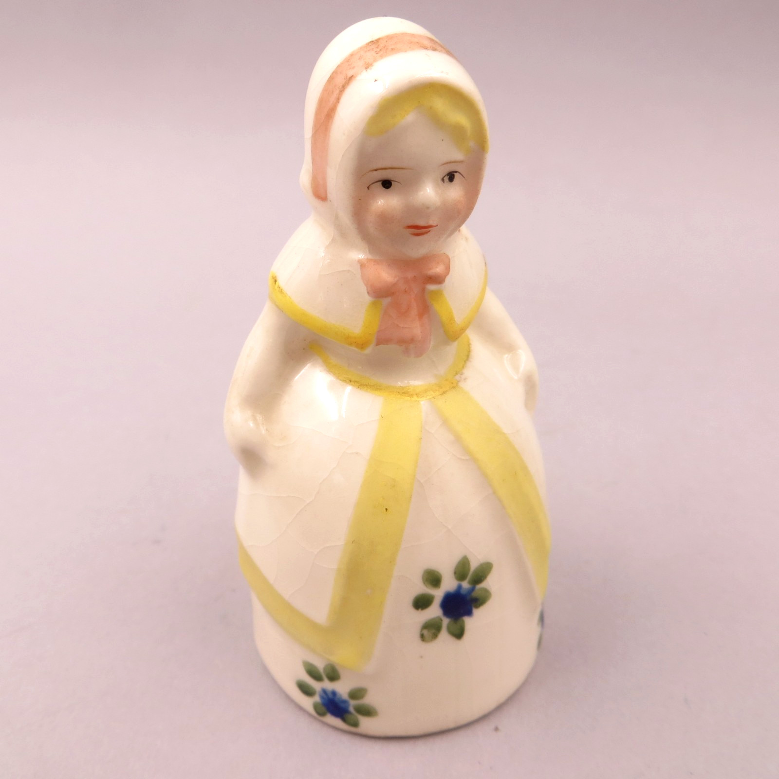 Small Porcelain Girl Figurine Bell 3.25″ Bonnet Floral Dress Vintage Japan