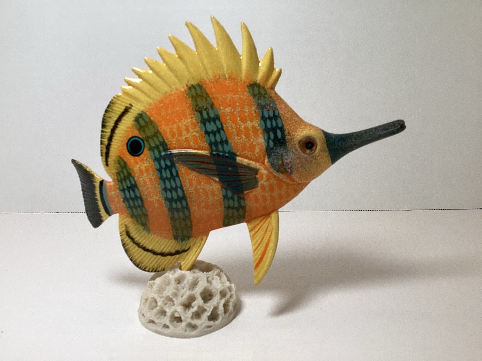 Two Handpainted Tropical Fish Figurines on Faux Coral Stands