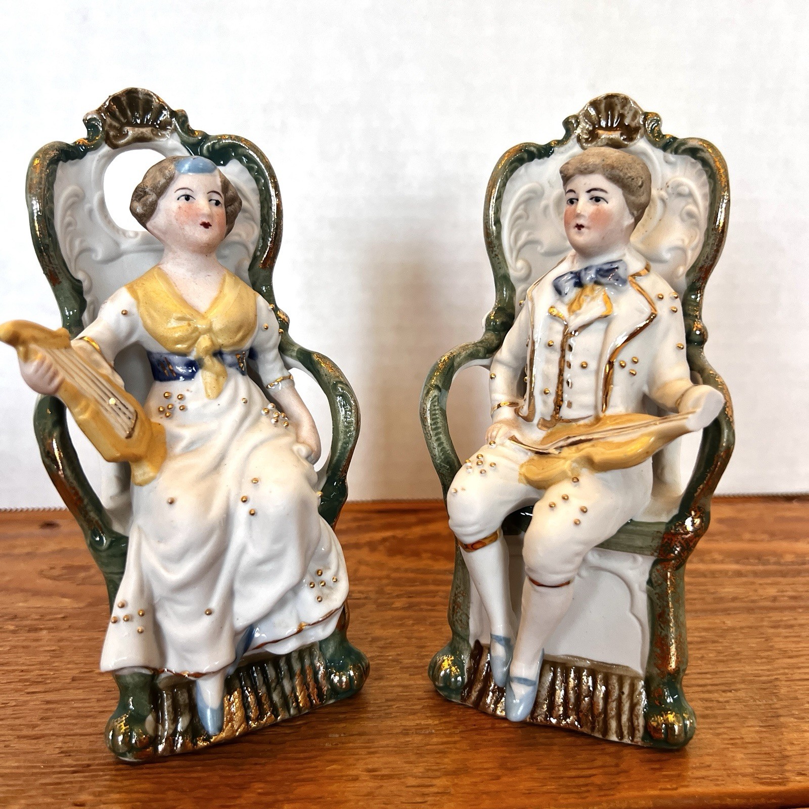 Antique porcelain German Hand Painted Couple on chairs Playing Instruments *look