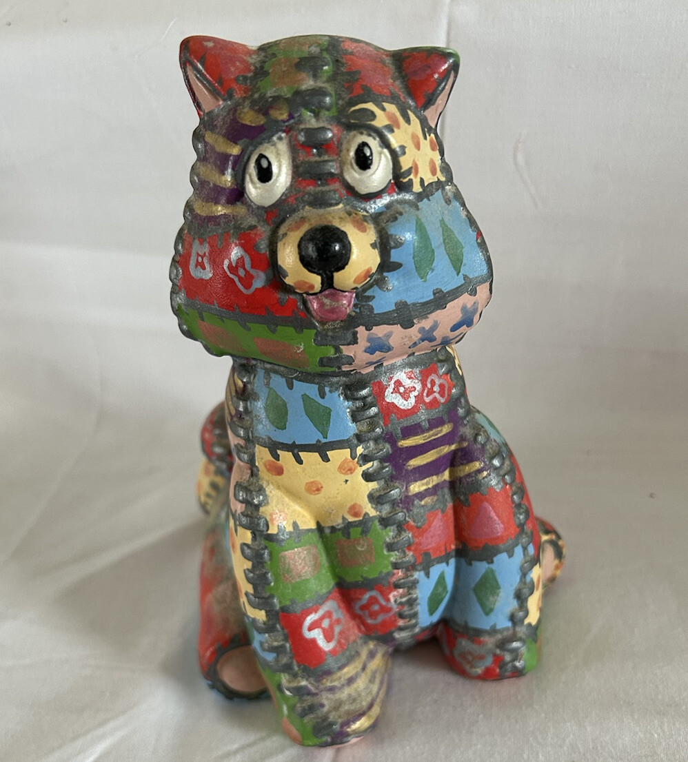 Vintage Folk Art Cat Colorful Patchwork Hand painted Ceramic Figurine 6.5 inch