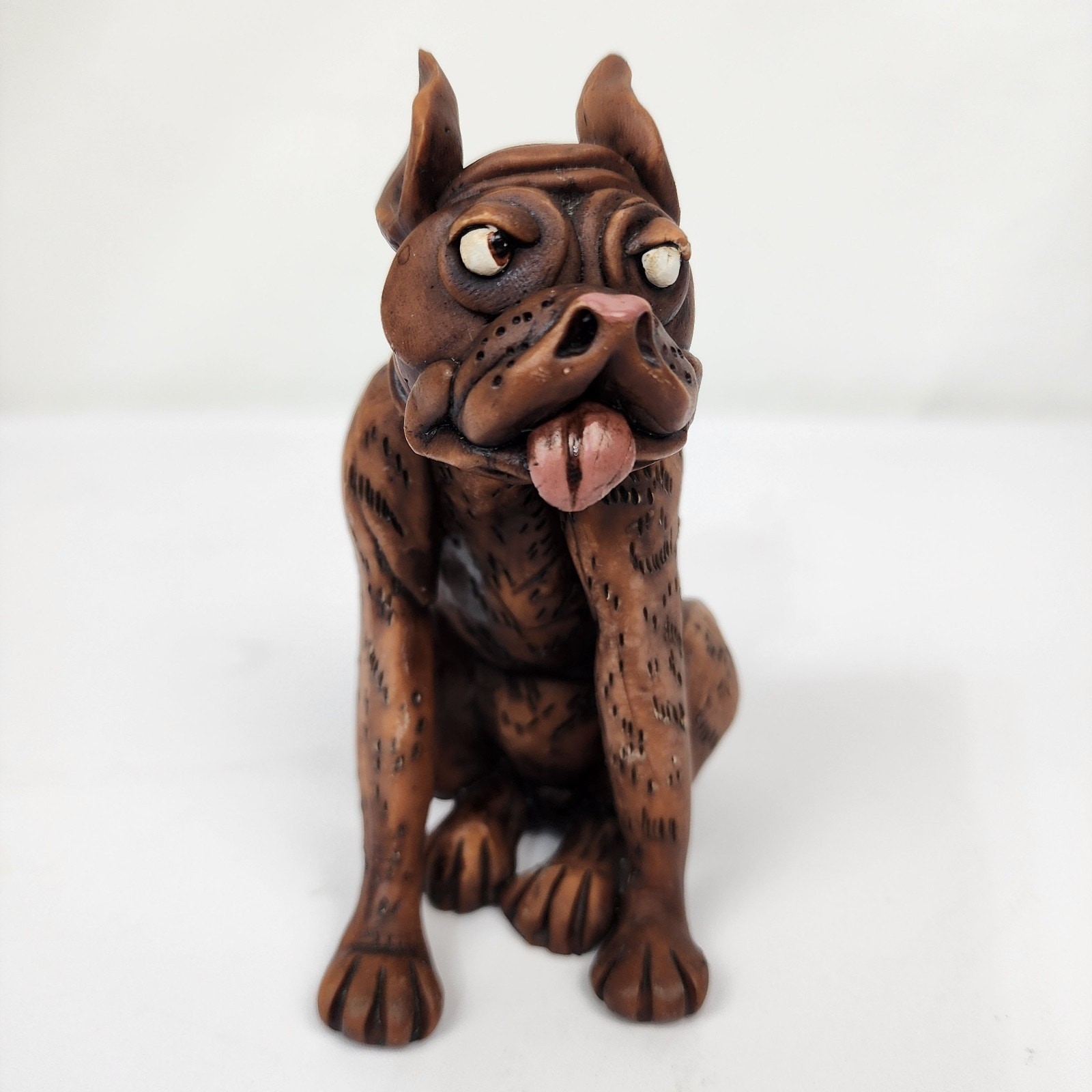 Weird Ugly but Cute Brown 5″ Boxer Dog Sitting Resin Detailed Unbranded Unique
