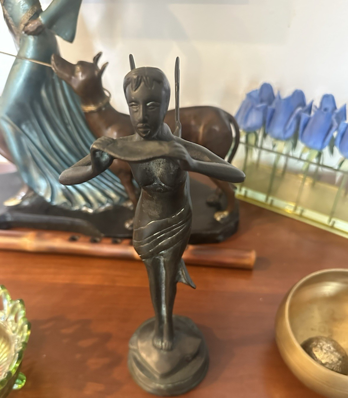 Metal Winged Female Angel Figurine Patina Finish on Round Base Green/Bronze