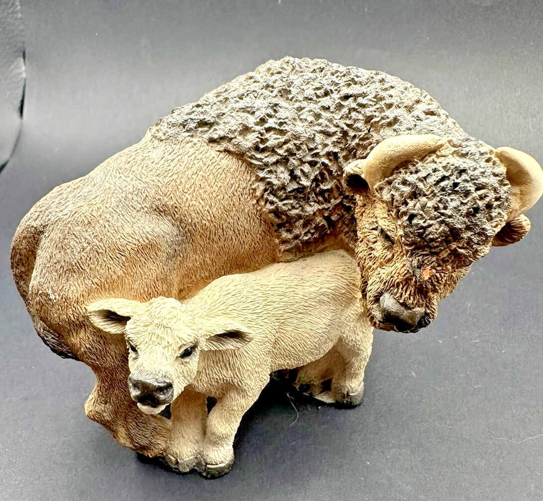 Buffalo And Calf Figurine Western Outdoors Cabin Cozy Rustic Figure bison stone