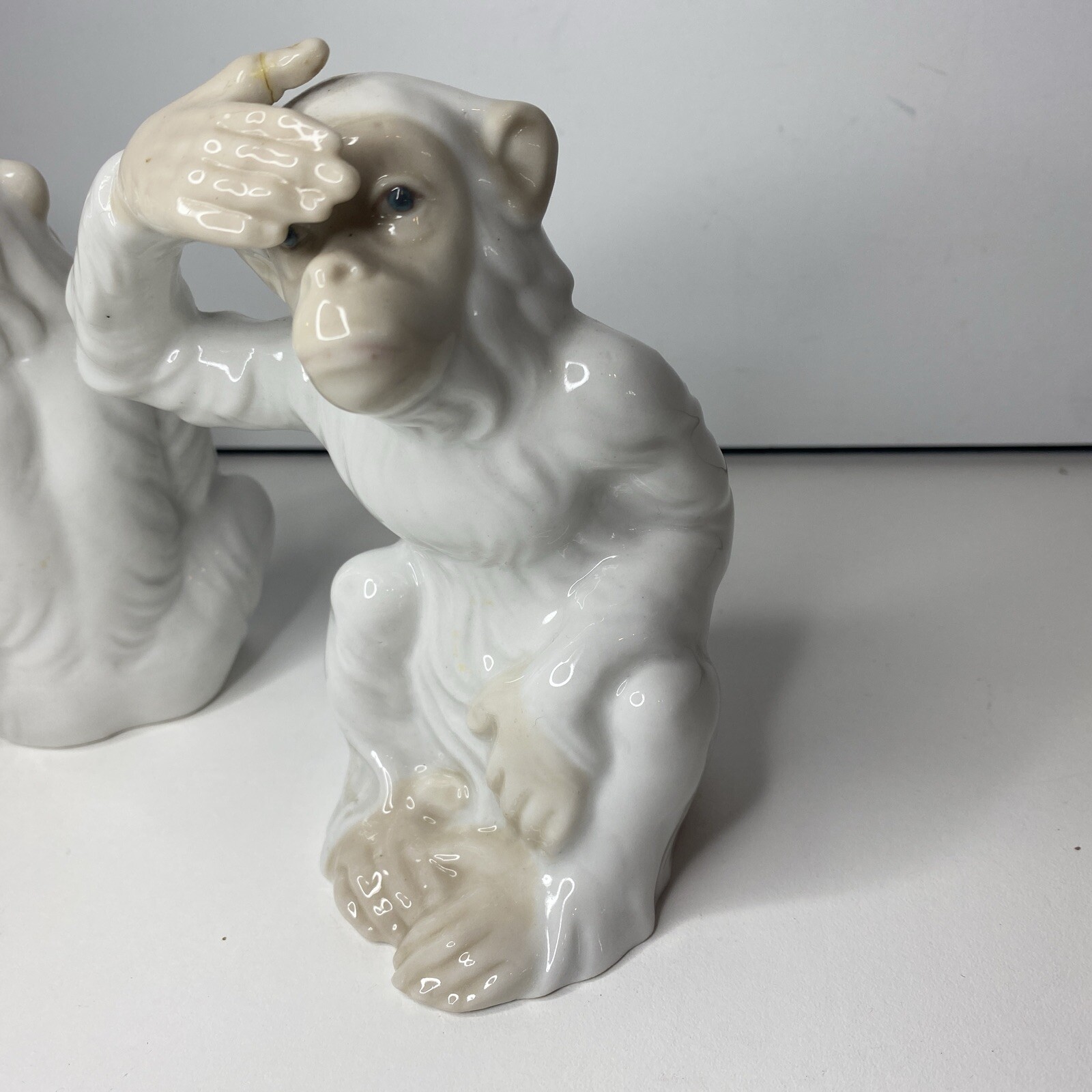 Vintage Tengra Monkey Figurine Porcelain 5 1/2” White Hand Painted 