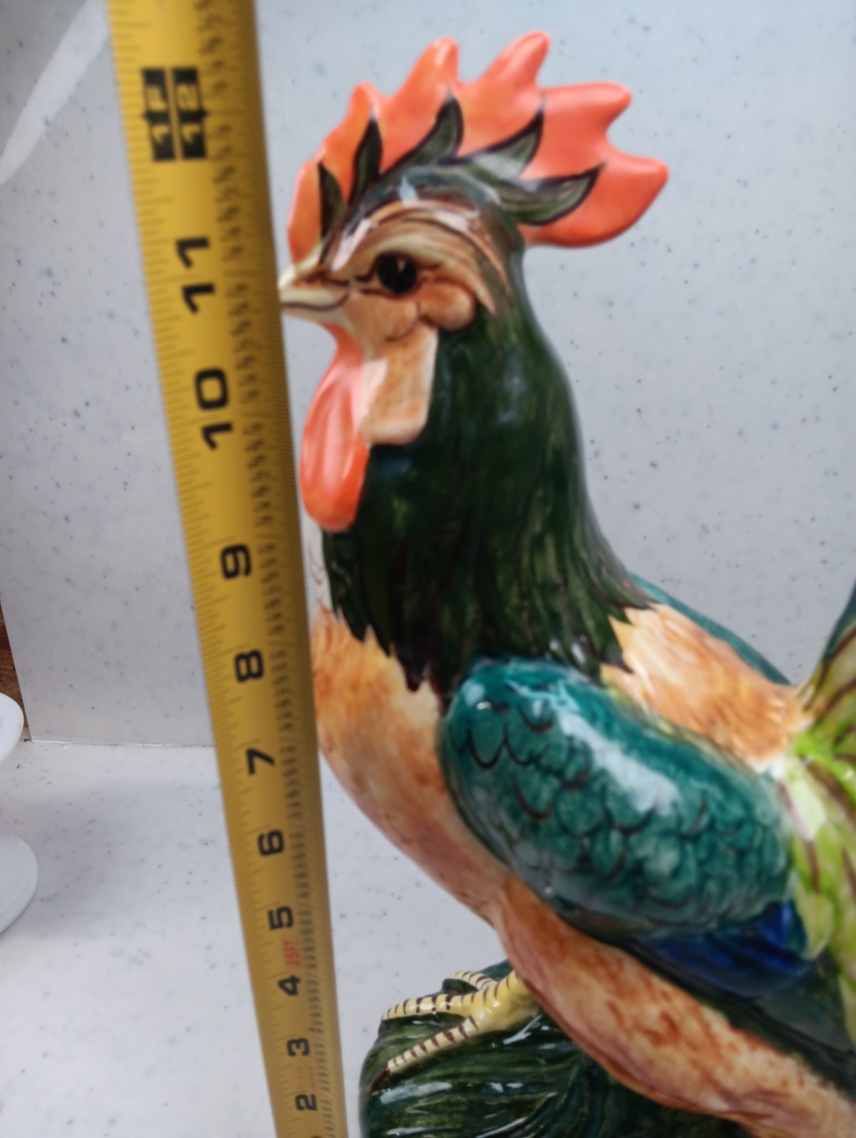 Vintage Multicolor Rooster Figurine Hand Painted Glazed Ceramic Decor 12”x 9″