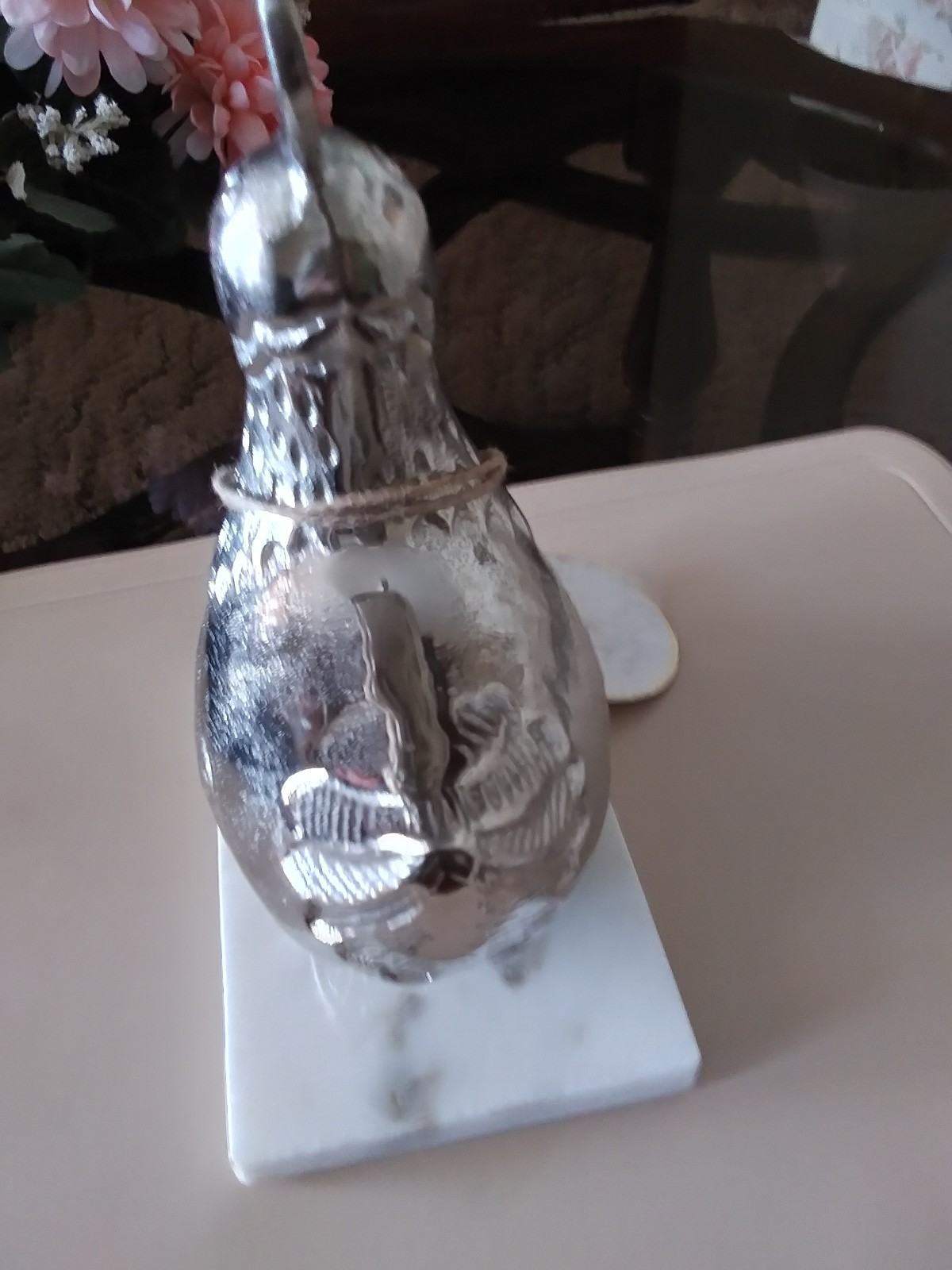 NEW 8″ SILVER TONE METAL ROOSTER FIGURINE on MARBLE BASE DEC. KITCHEN INDIA