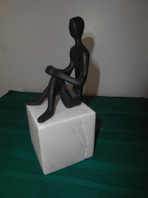 Contemporary/Modernism Artistic Iron-Lk. Black Figure on White Marble-Type Base