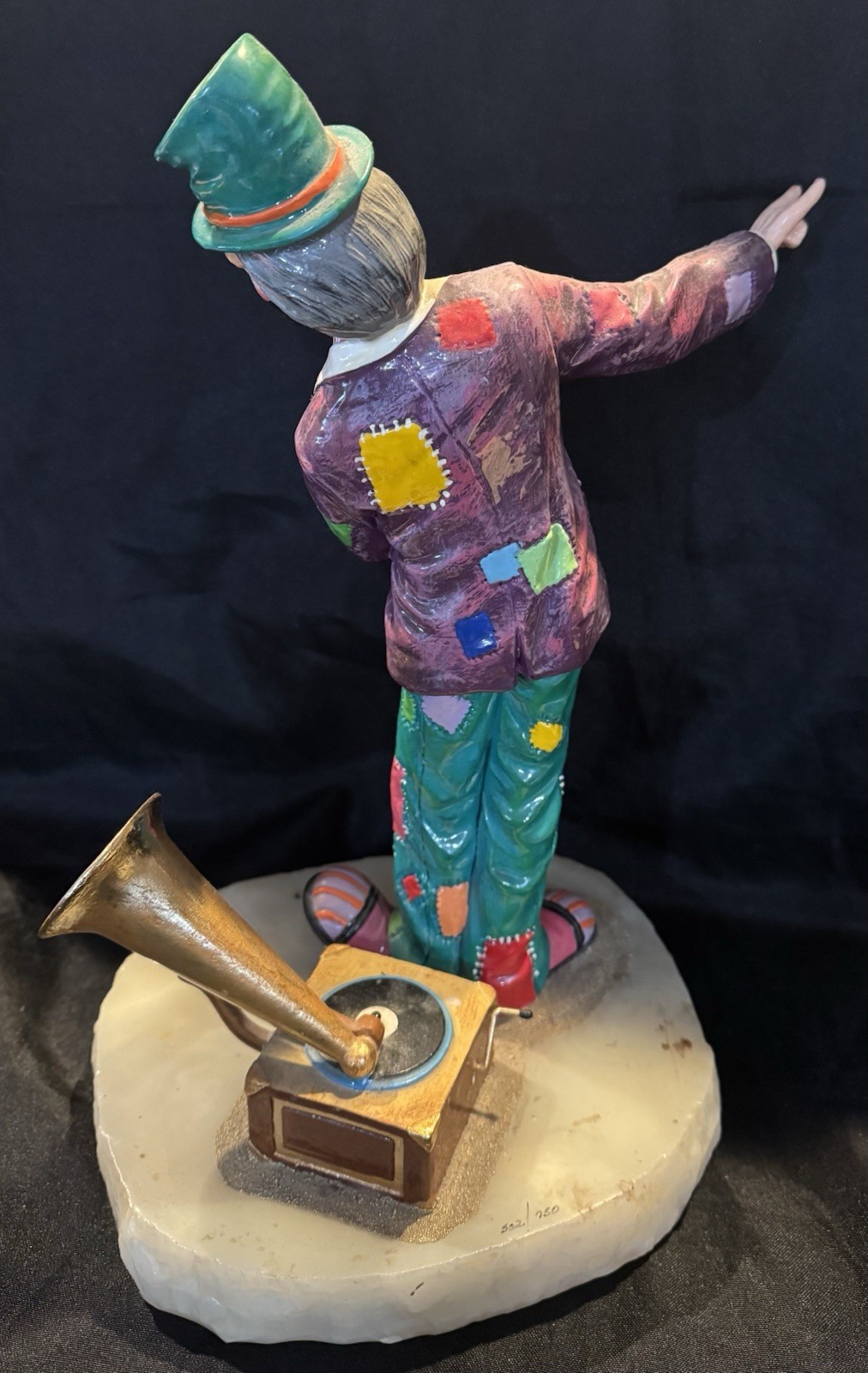 Signed Ron Lee 13” Soft Shoe Clown w/ Phonograph 24k Gold Plated Onyx Base x/750