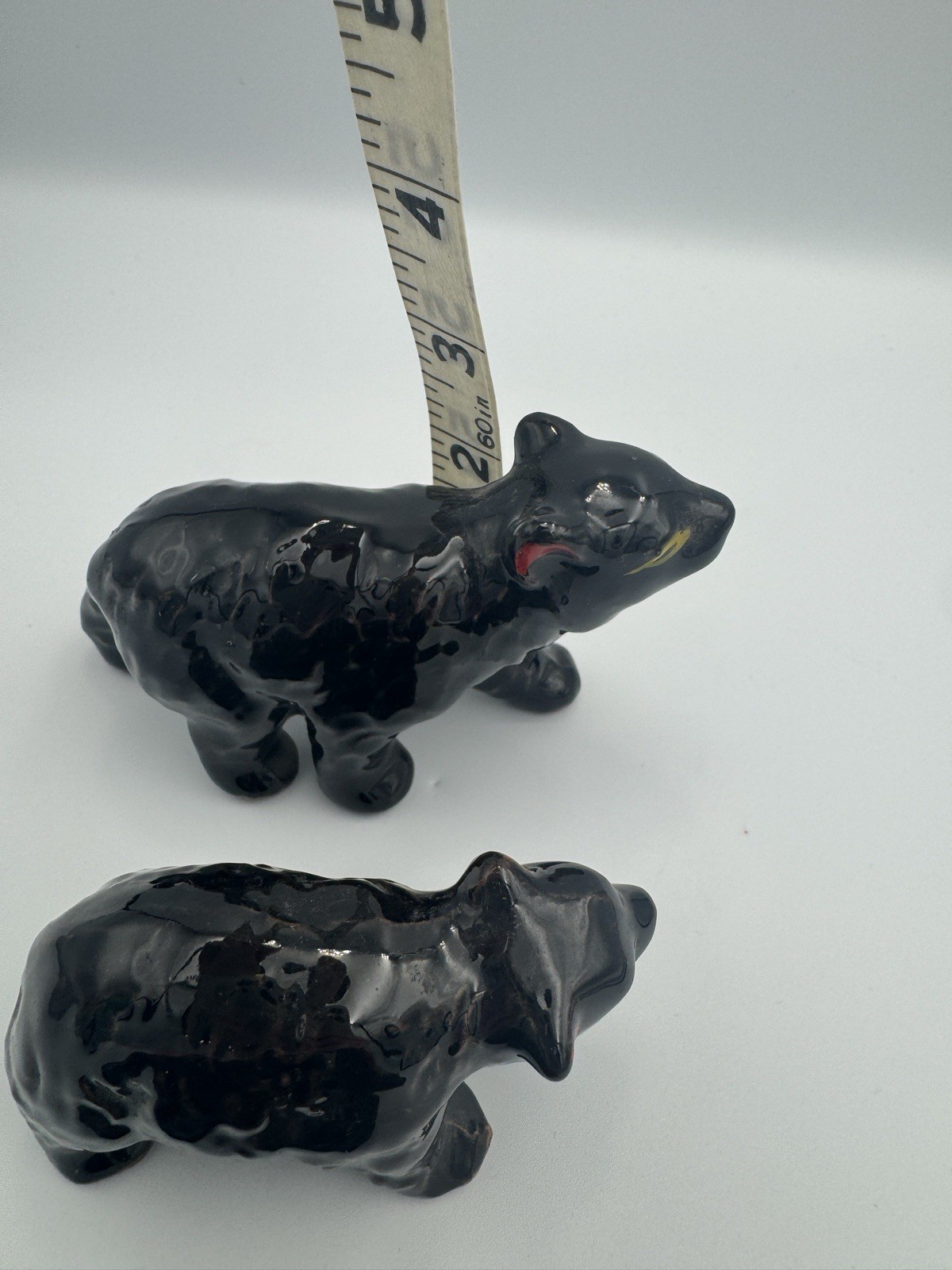 Mid Century Modern Black Ceramic Family Of Bears Hand Painted Figurines Trinkets