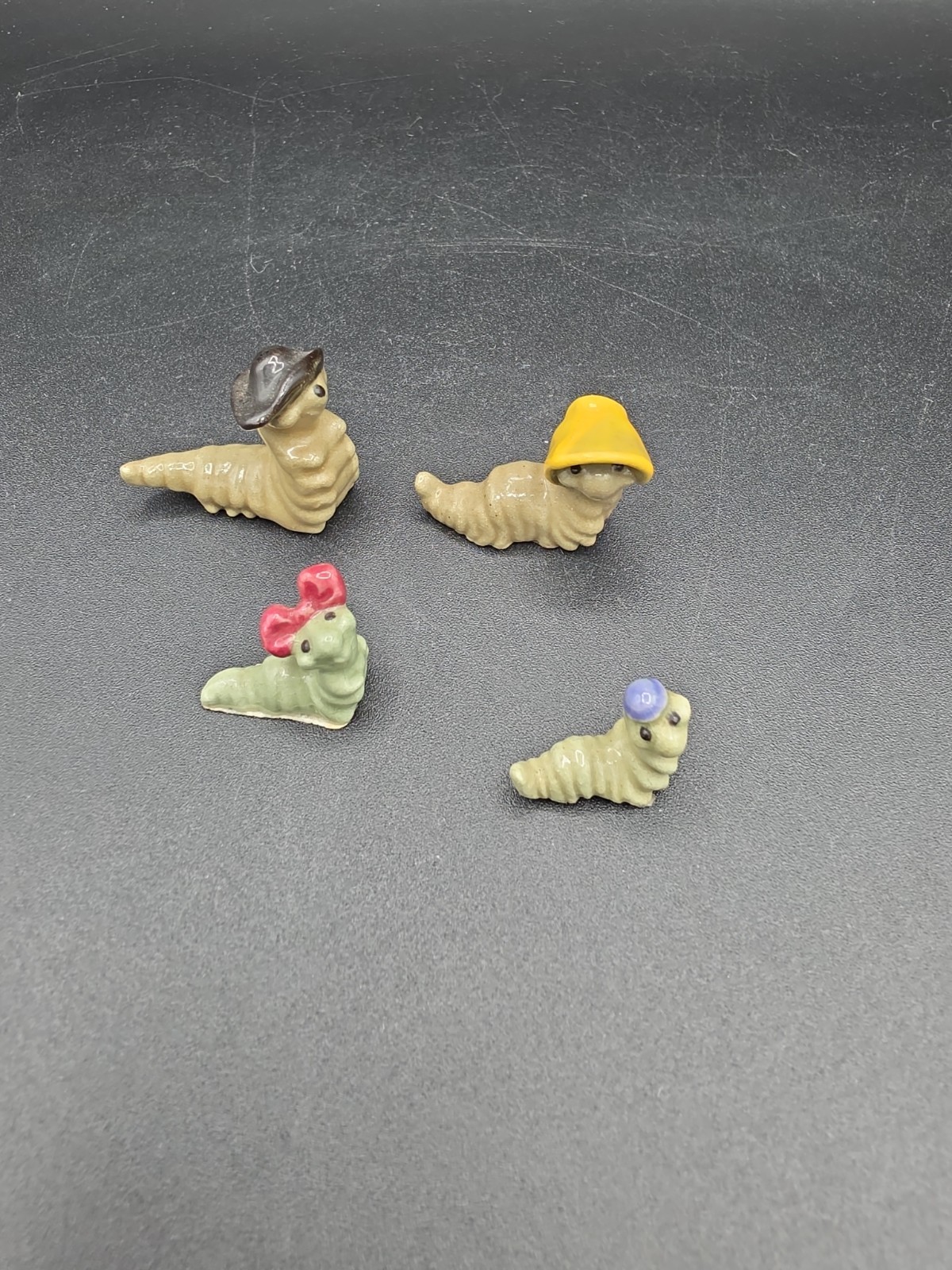 Vintage 1980s Hagen Renaker Miniature Caterpillar Family Papa Mama Baby Set of 4
