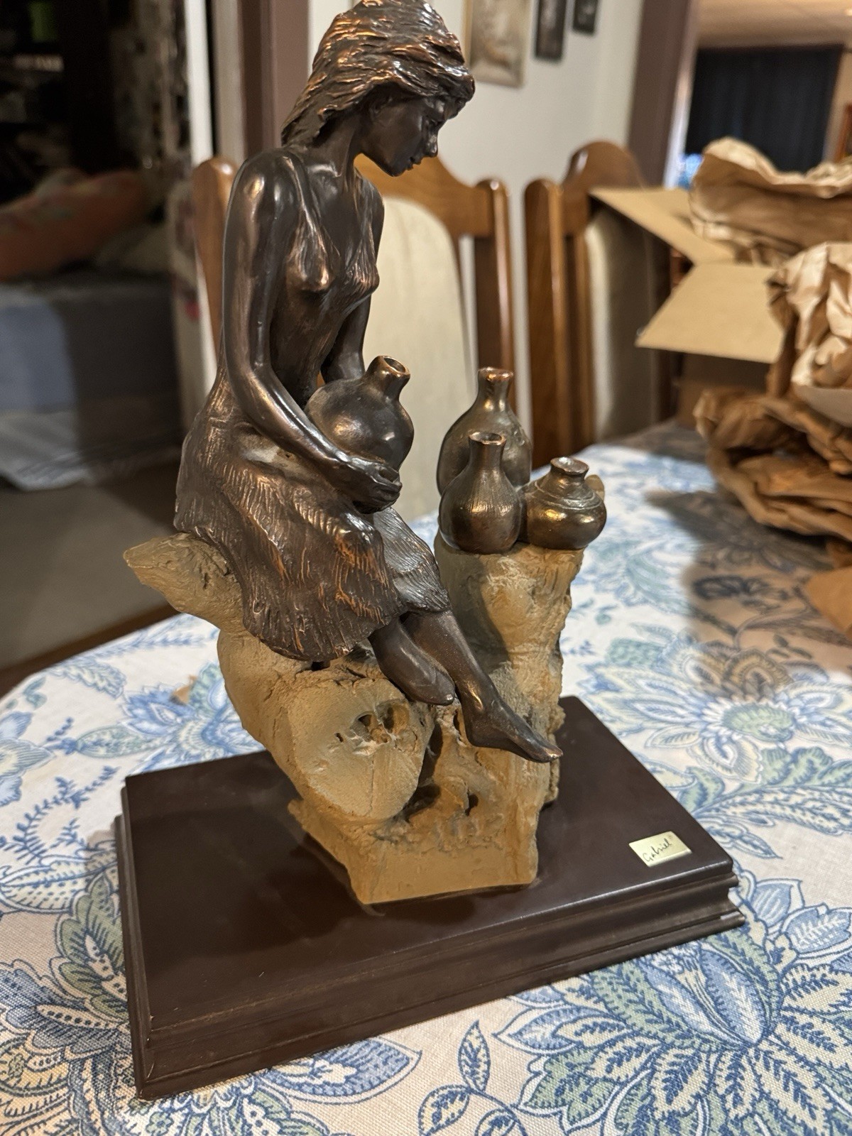 Vintage Bronze sculpture of a young girl who sits On a Tree Stump By-Gabriel