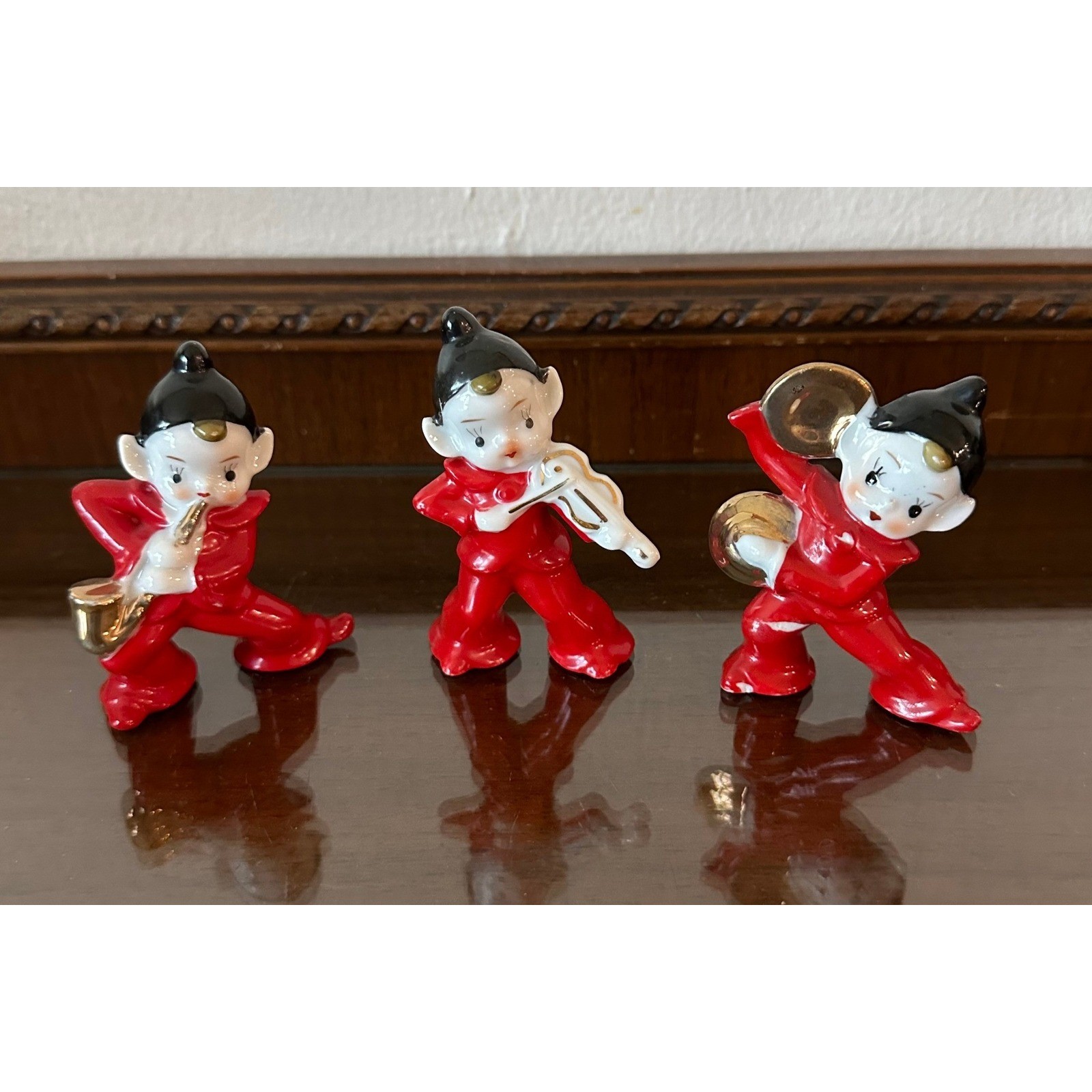 Vintage Red Ceramic Pixie Elf Musician Trio Japan Figurines Set of 3 Mid Century