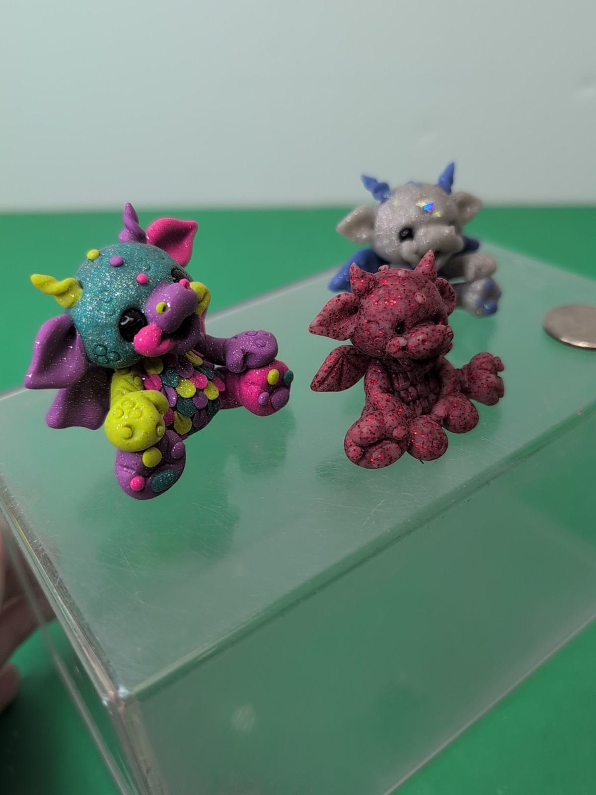 2″ Lot Of 3 Handmade Polymer Clay Figurines Dragons Glitter Cute Faces #DR8