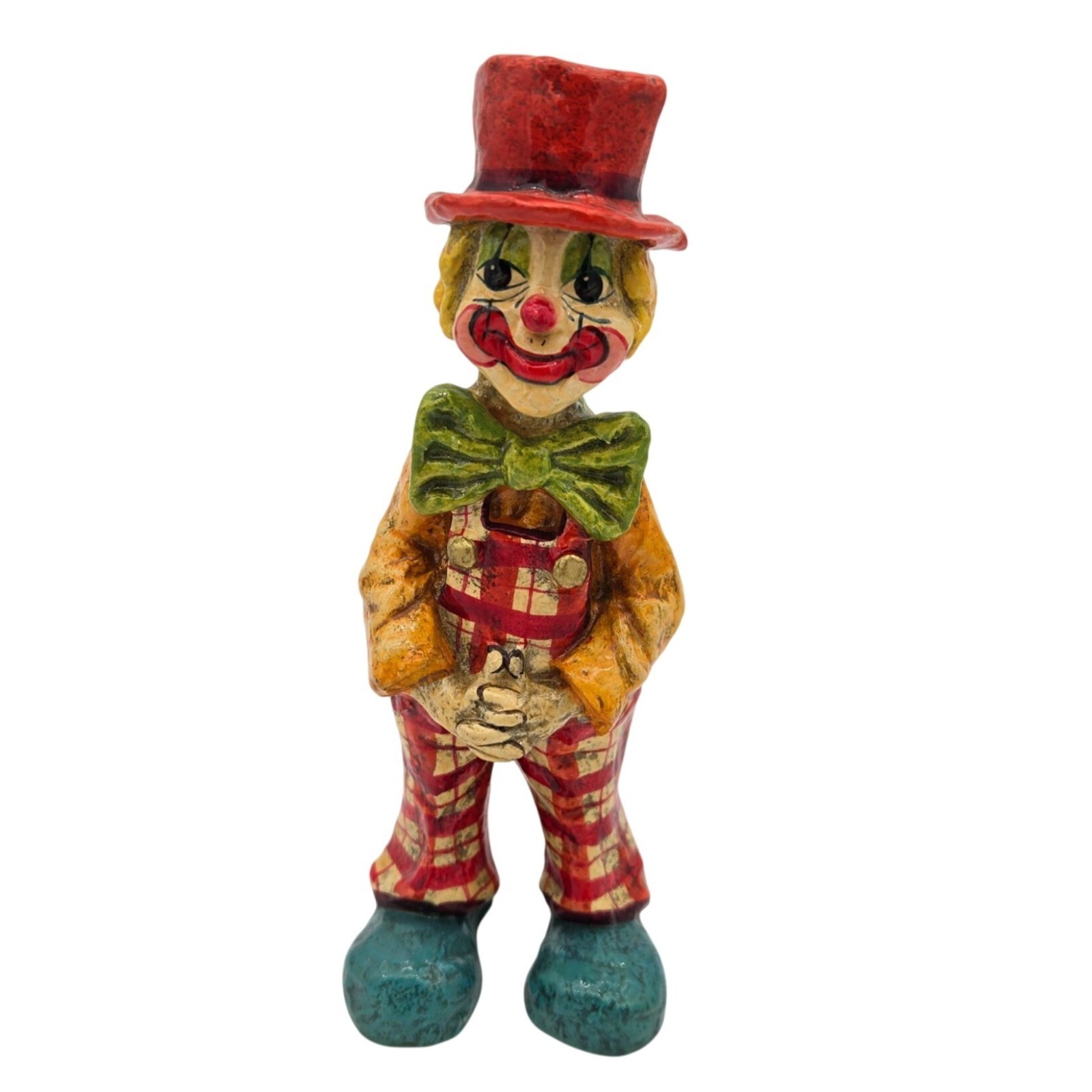 Vintage Paper Mâché Clown Figurine In Red Plaid & Green Bow Tie Decor