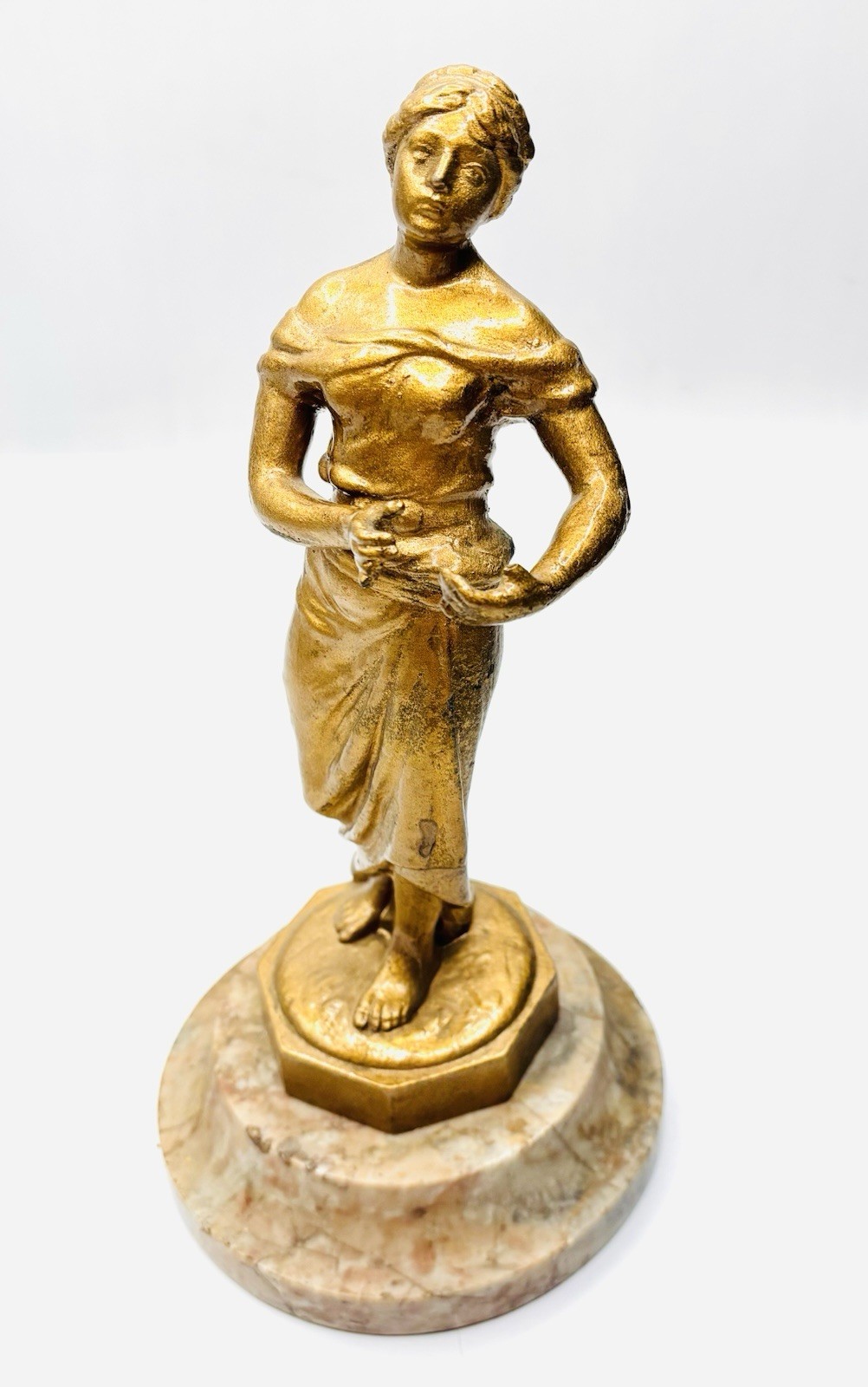 Enameled Metal Peasant Lady Decorative Figurine With Marble Base -thumb As Is