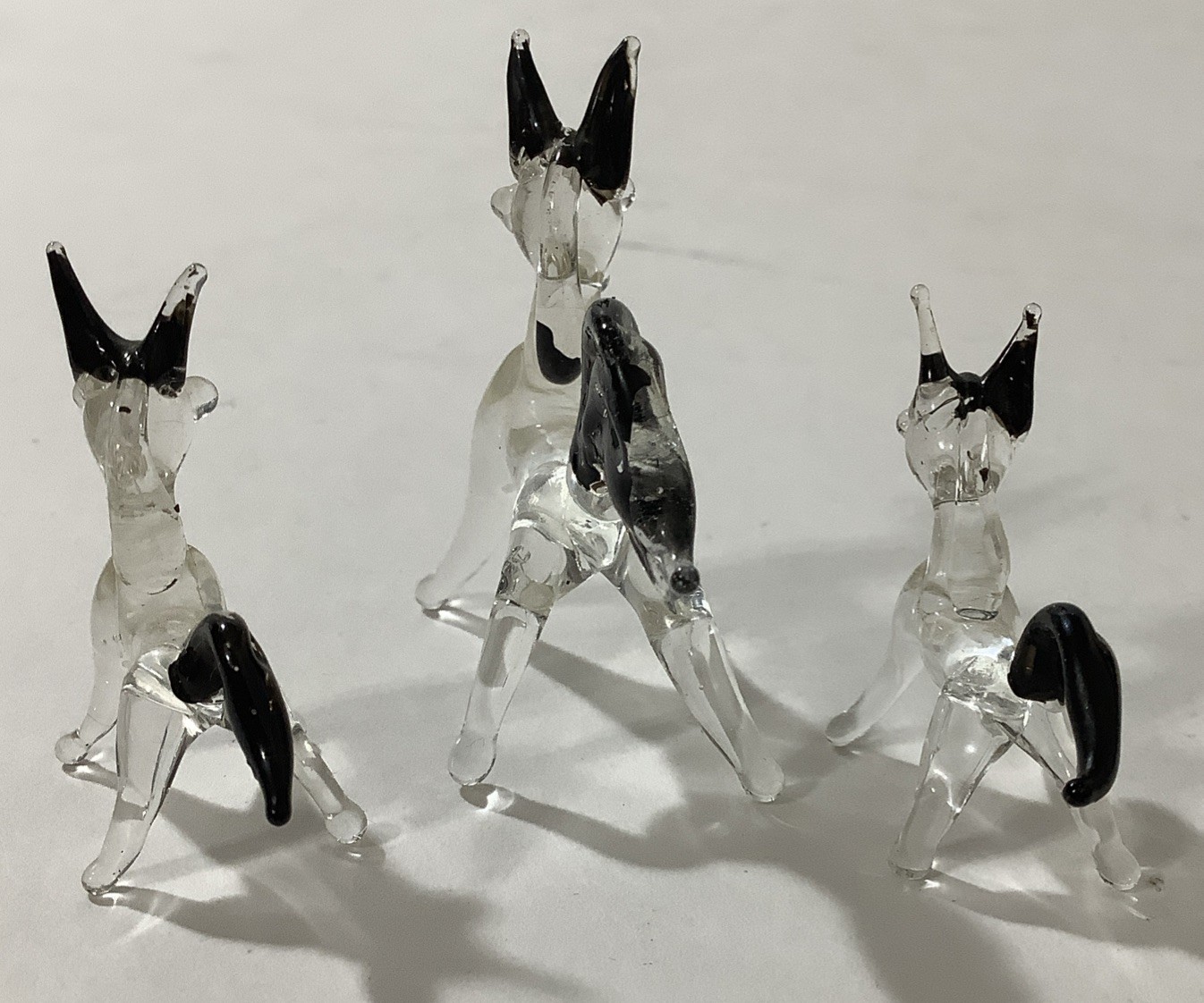 Set Of 3 Clear Glass Horse Figurines Trio Black Ears Tails Animal Mini