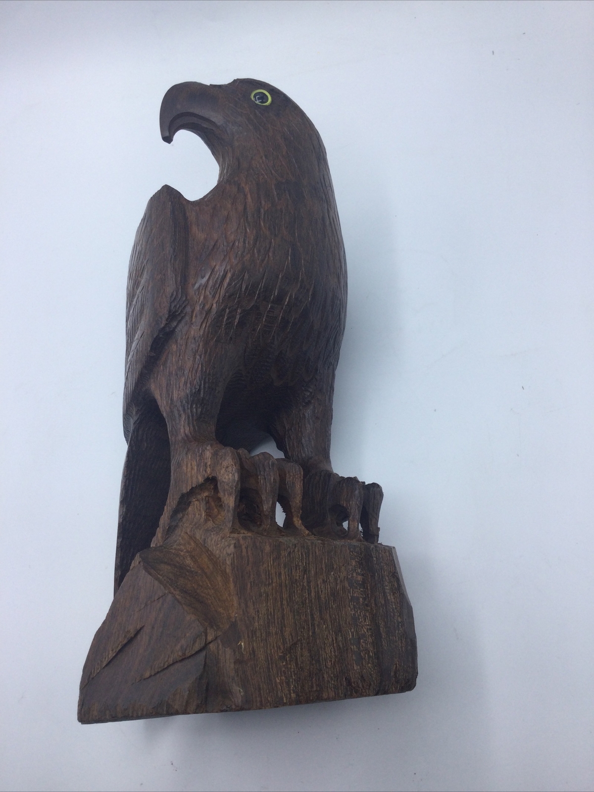 Hard Wood Hand Carved Eagle Perched on Wood Stand, 11 Inches Tall