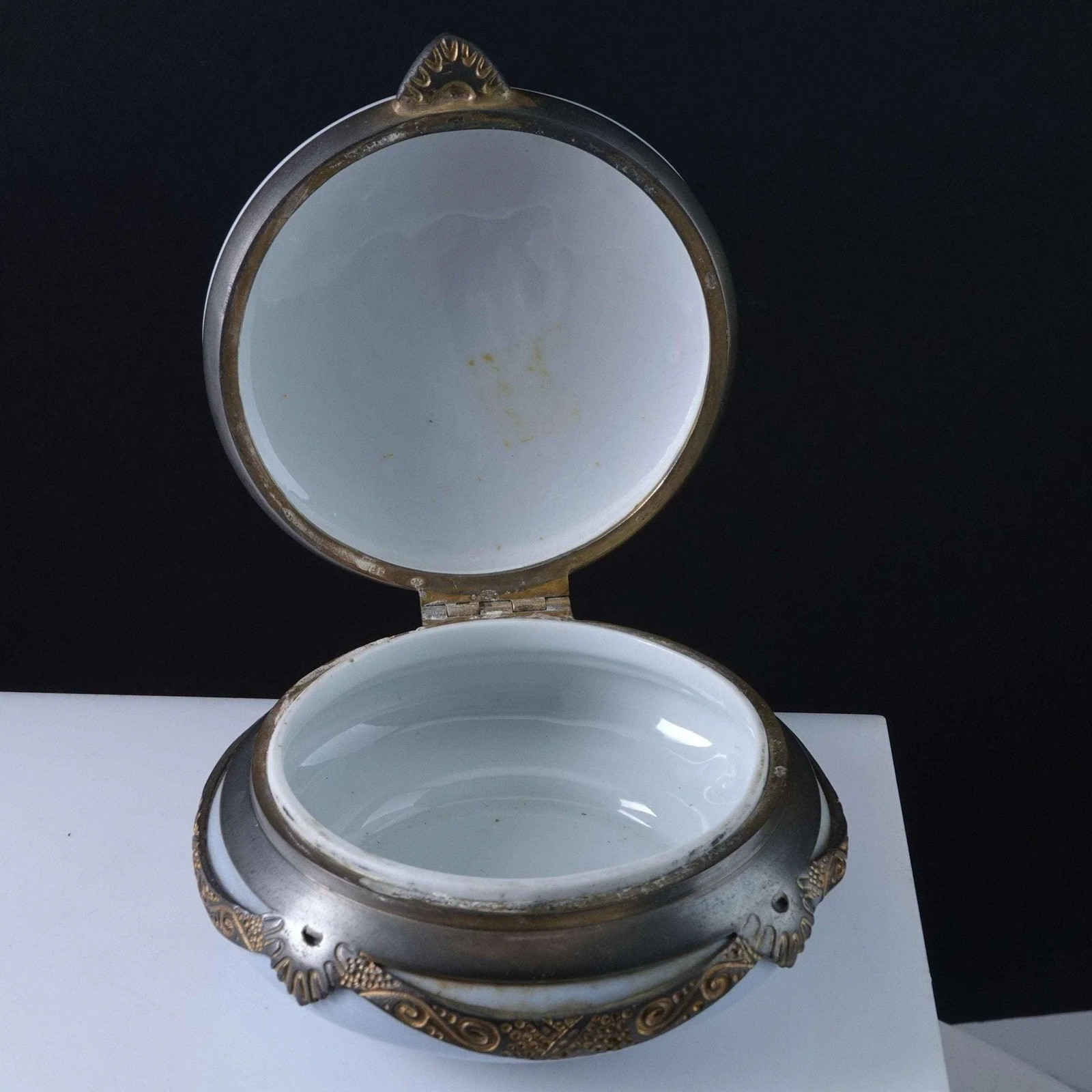 c1920 Mounted Porcelain Dresser Box hand painted under glaze