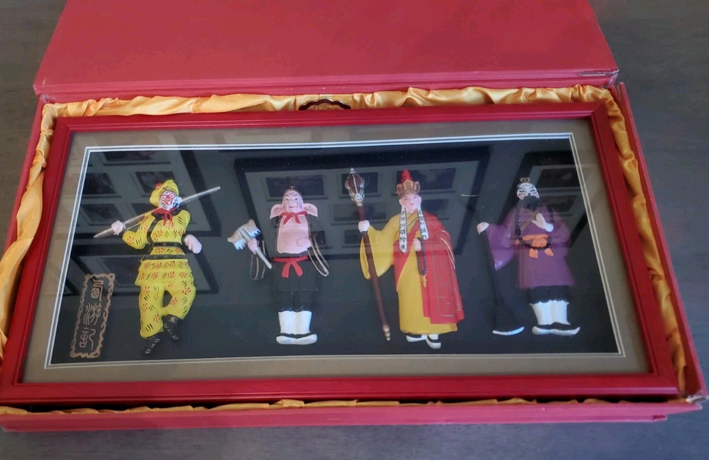 Huishan Clay Figures In Shadow Box Monkey King, Piggy, Tang Priest, Sandy