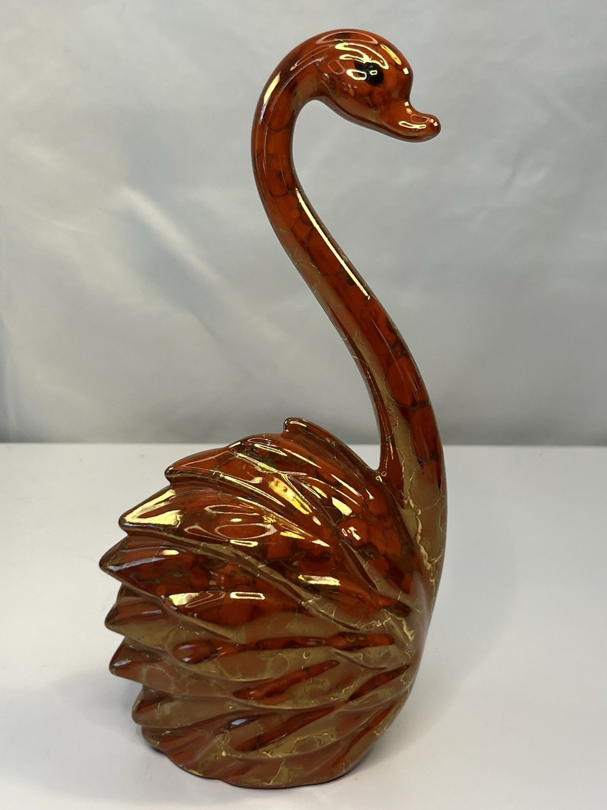 Vintage MCM Ceramic Swan Figurine Orange Crackle Gold Luster Glaze Retro