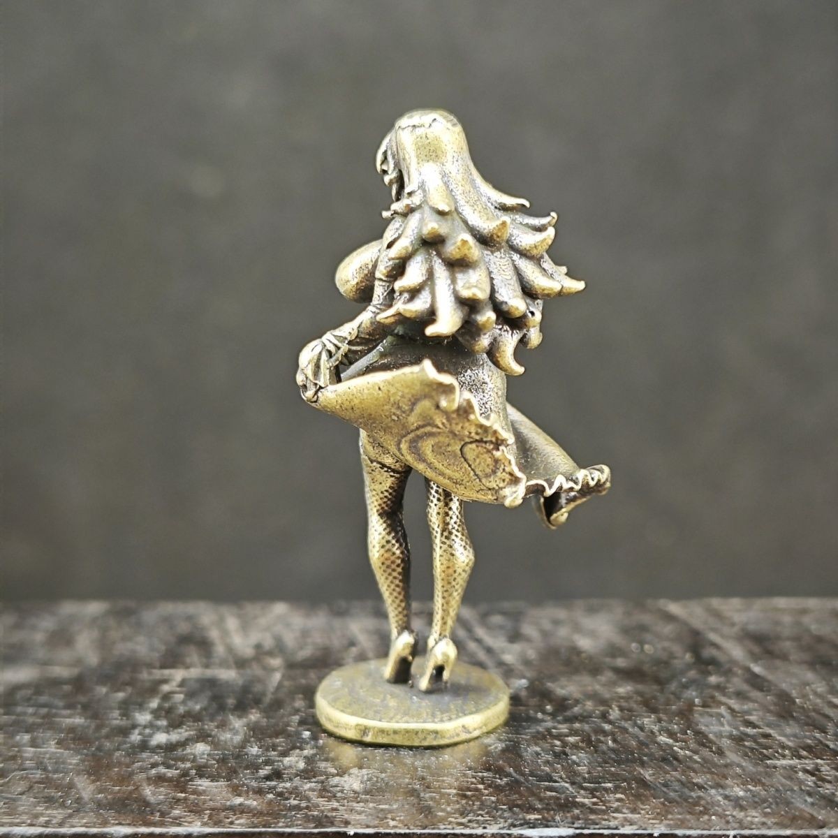 Brass Beauty Lifting Dress Mini Statue, Cute Anime Girl with Black Stockings