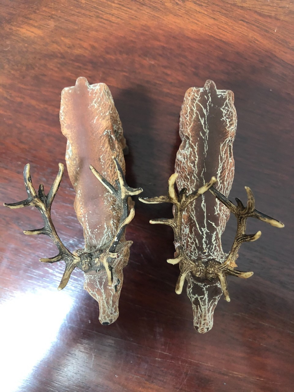 PAIR OF ANTIQUE GERMAN COMPOSITION DEER STAG RUNTING CALL 5″